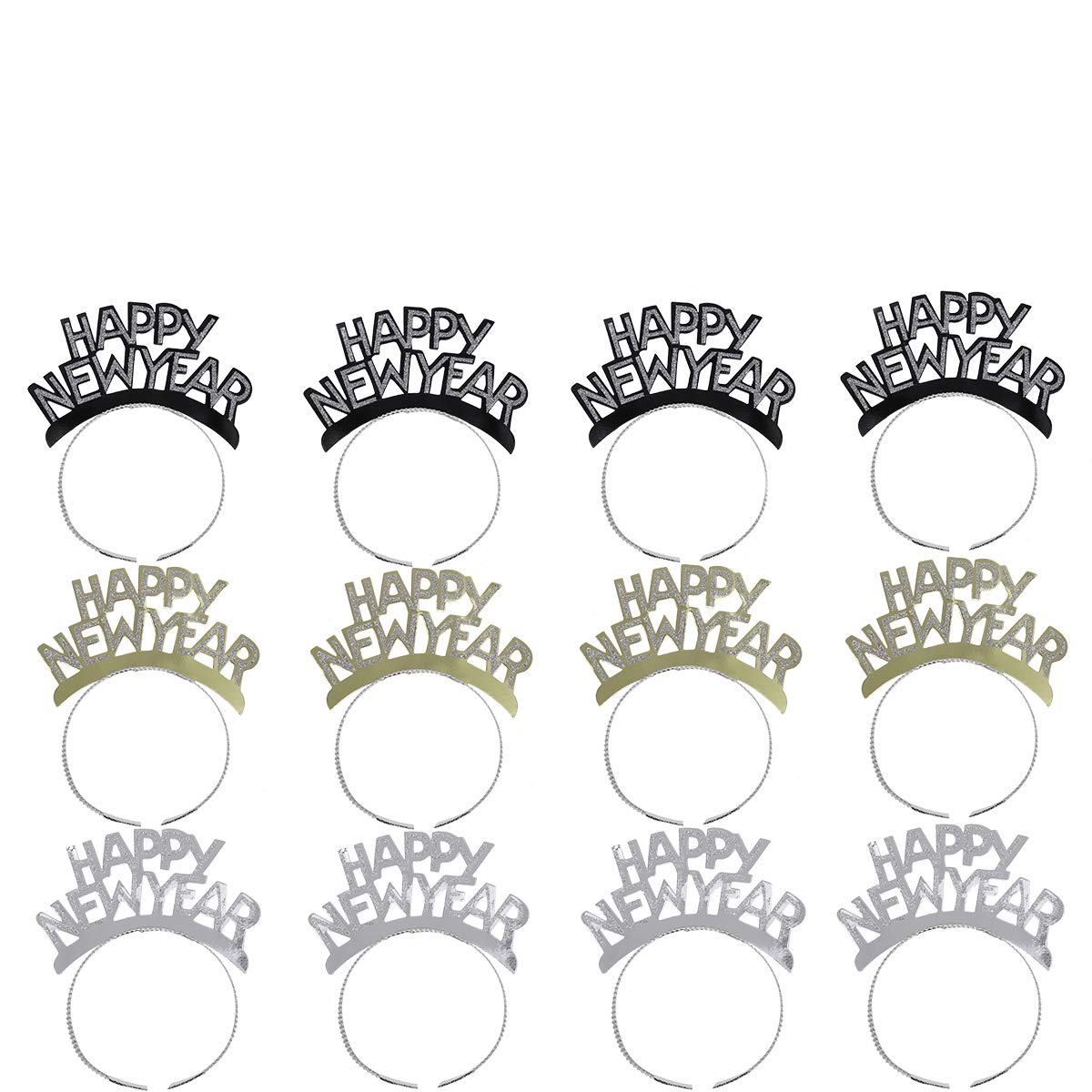 Amosfun HAPPY NEW YEAR Headband Tiara New Years Party Favors Gold Silver Black 12 Pieces