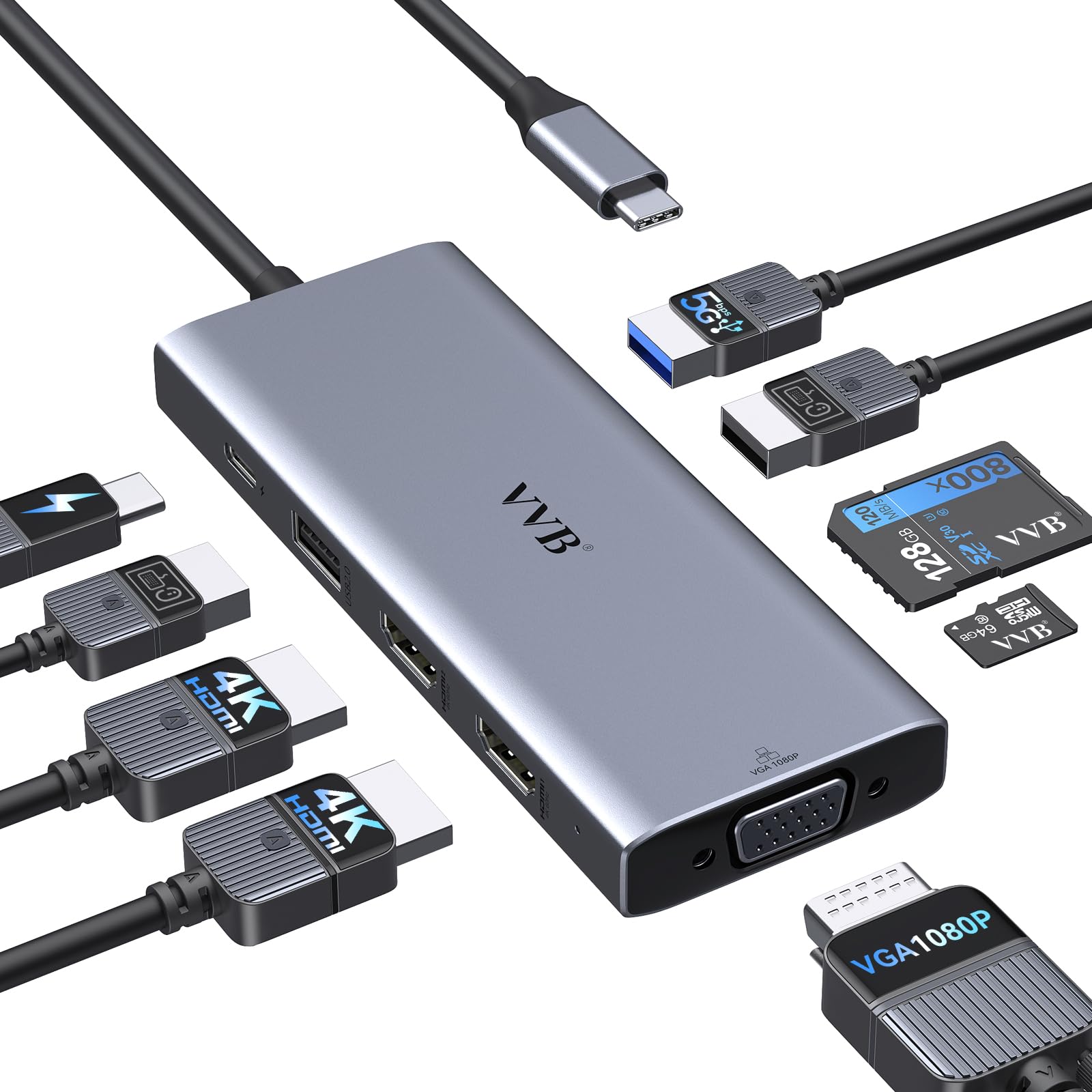 USB C Docking Station Dual Monitor HDMI Adapter for Dell HP Lenovo,Laptop Docking Station 3 Monitors USB C Hub Multiple Adapter Dongle with 2 HDMI 4K+VGA+100W PD Charger+3 USB Port+SD/TF Card Reader