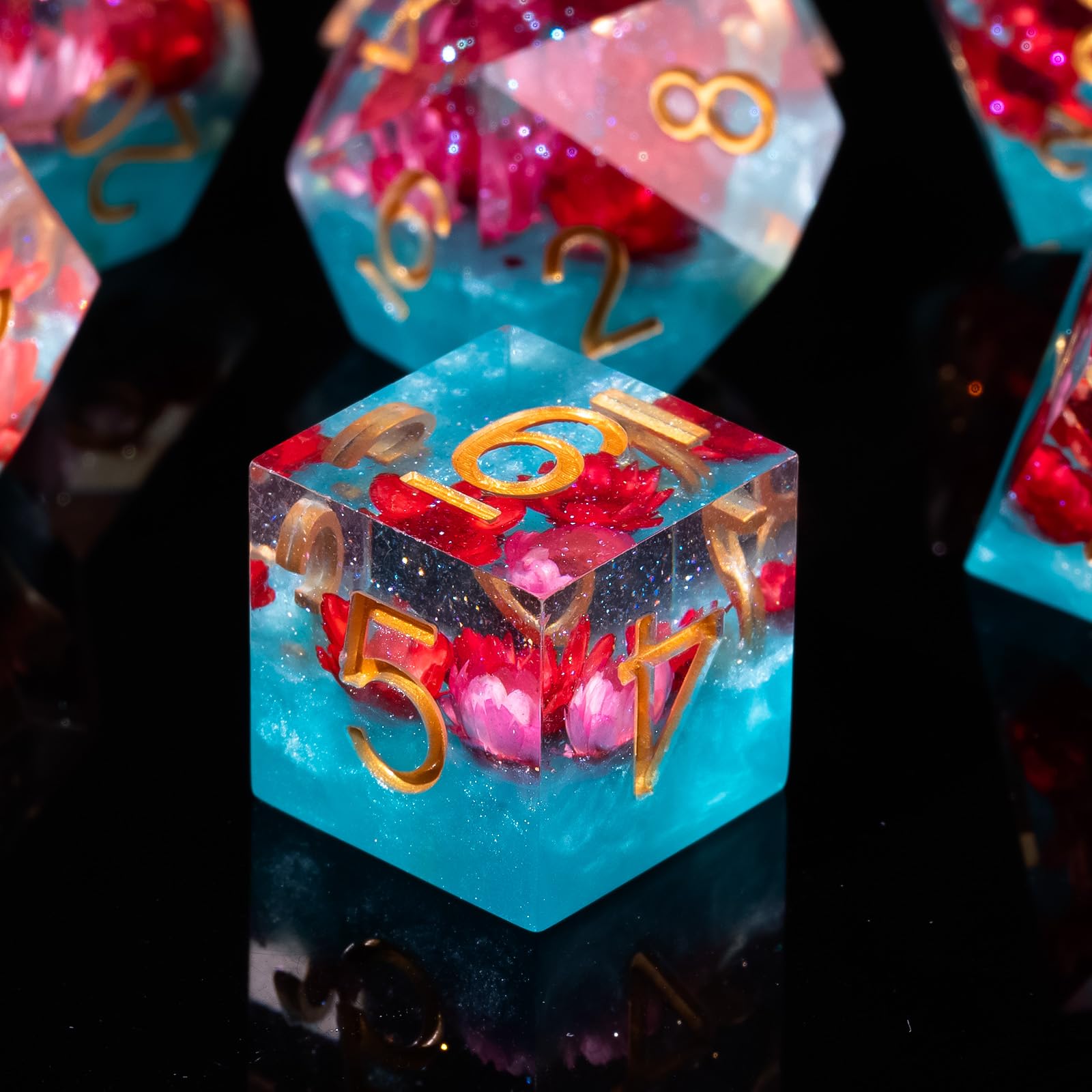 Fugacity DND Dice Set,Handmade Sharp Edge 7 Piece Resin Dice-Dungeons and Dragons Polyhedral Dice Set, D&D Dice Set with Gift Dice Case for RPG MTG Table Games(Red Flower & Blue)