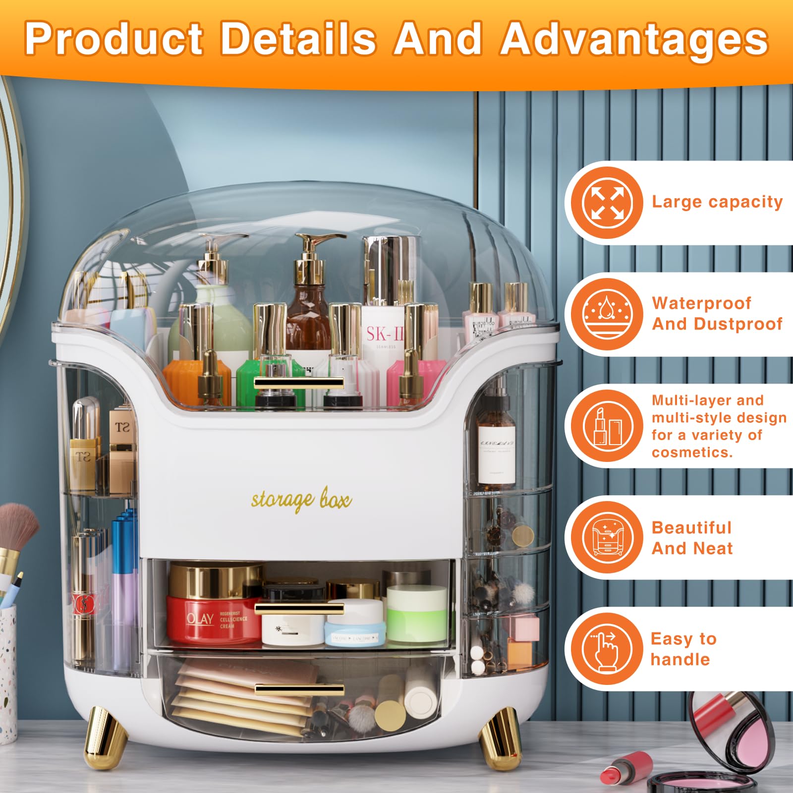 Large Capacity Makeup Organizer Makeup Organizer Countertop Vanity Organizer For Waterproof &Dustproof Skincare Organizers For Bedroom Bathroom Multi-style Makeup Organizer For Vanity