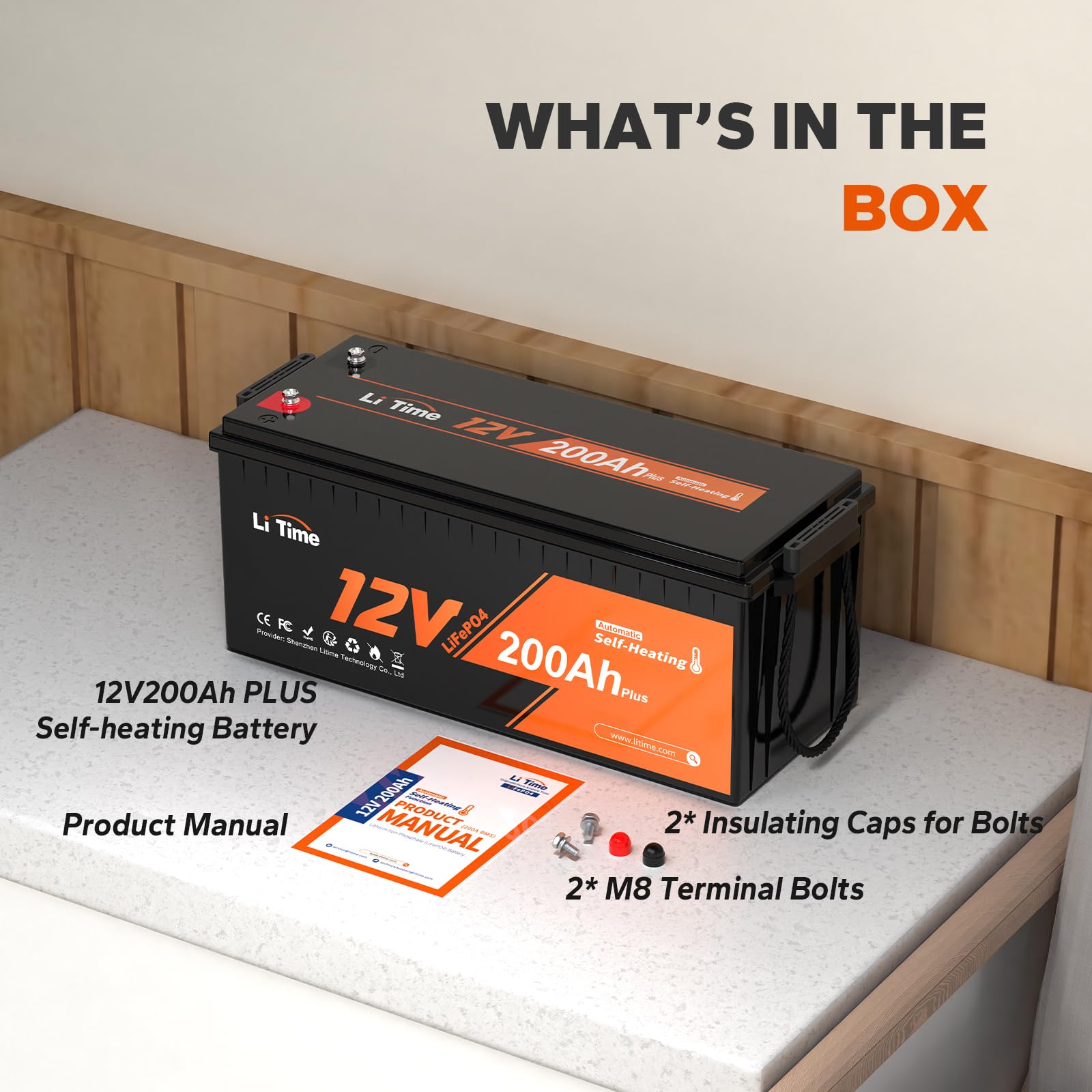 Litime 12V 200Ah Plus LiFePO4 Lithium Battery Self-Heating Low Temperature LiFePO4 Battery 2560Wh Usable Energy Built-in 200A BMS 4000-15000 Deep Cycles for RV Home Energy Storage and Off-Grid etc.