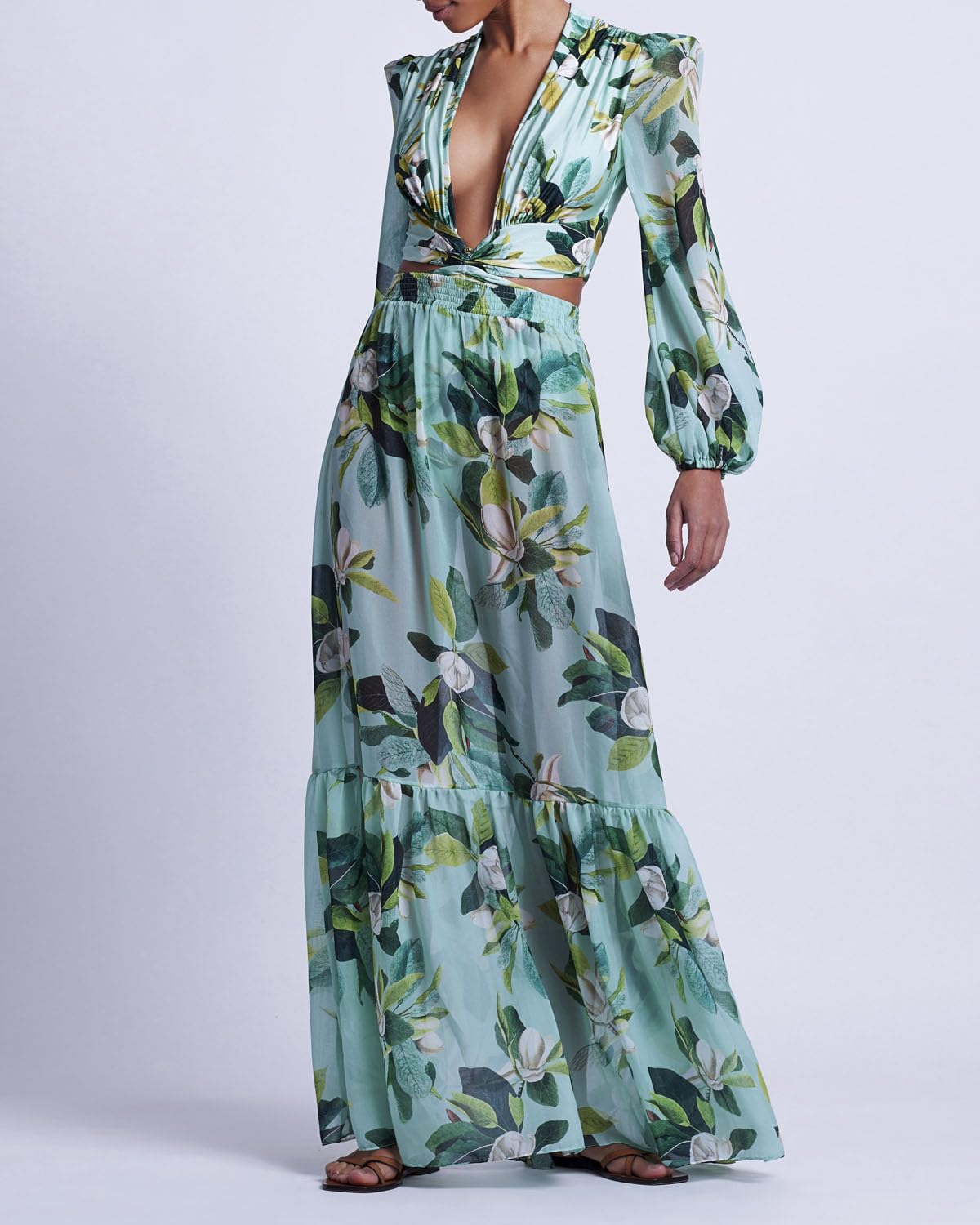 PATBO, Magnolia Plunge Maxi Dress, L, Green Multi