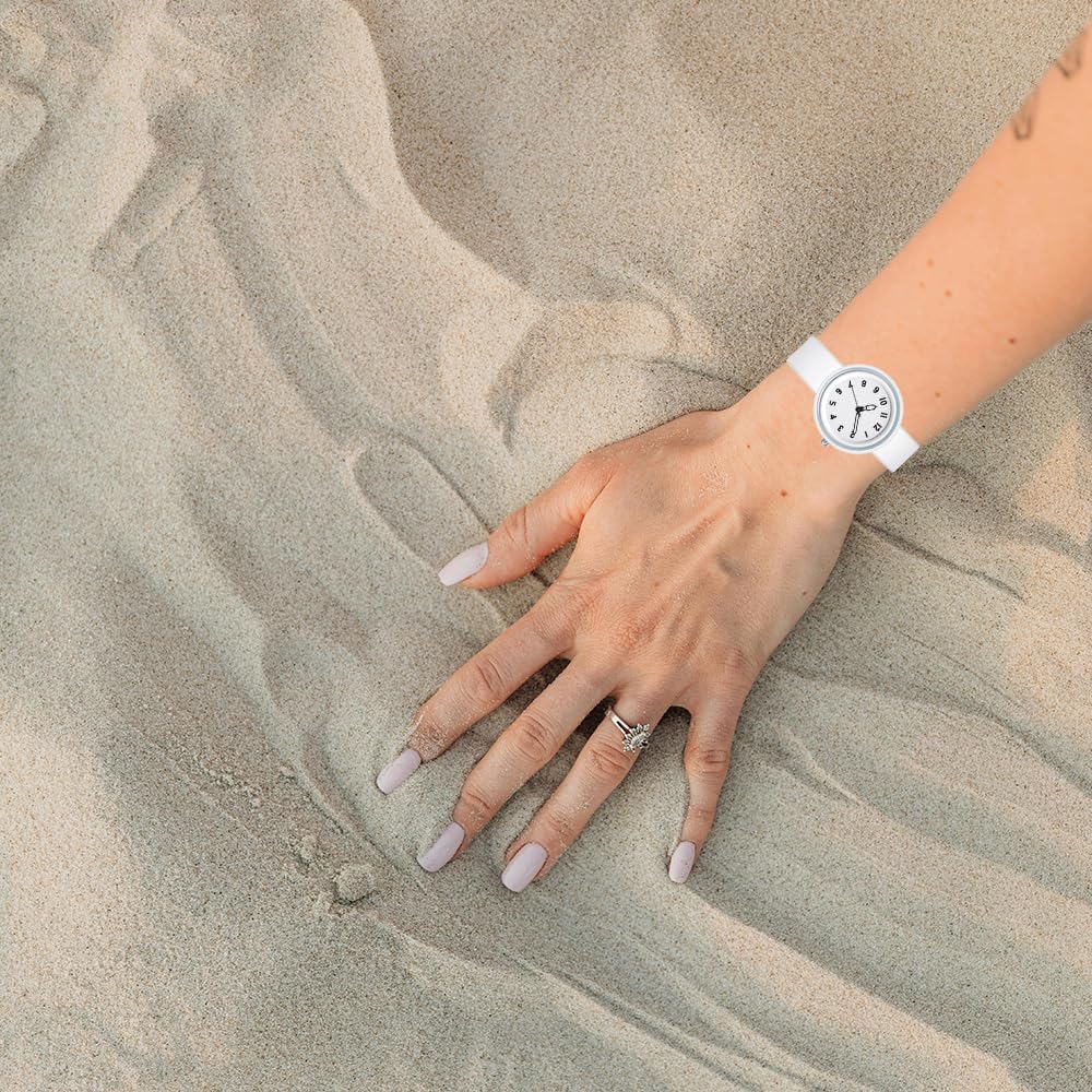 BESTKANG Women's Silicone Strap Watch Quartz Casual Arabic Numerals Waterproof and Easy to Read Simplicity Watches for Women (White)