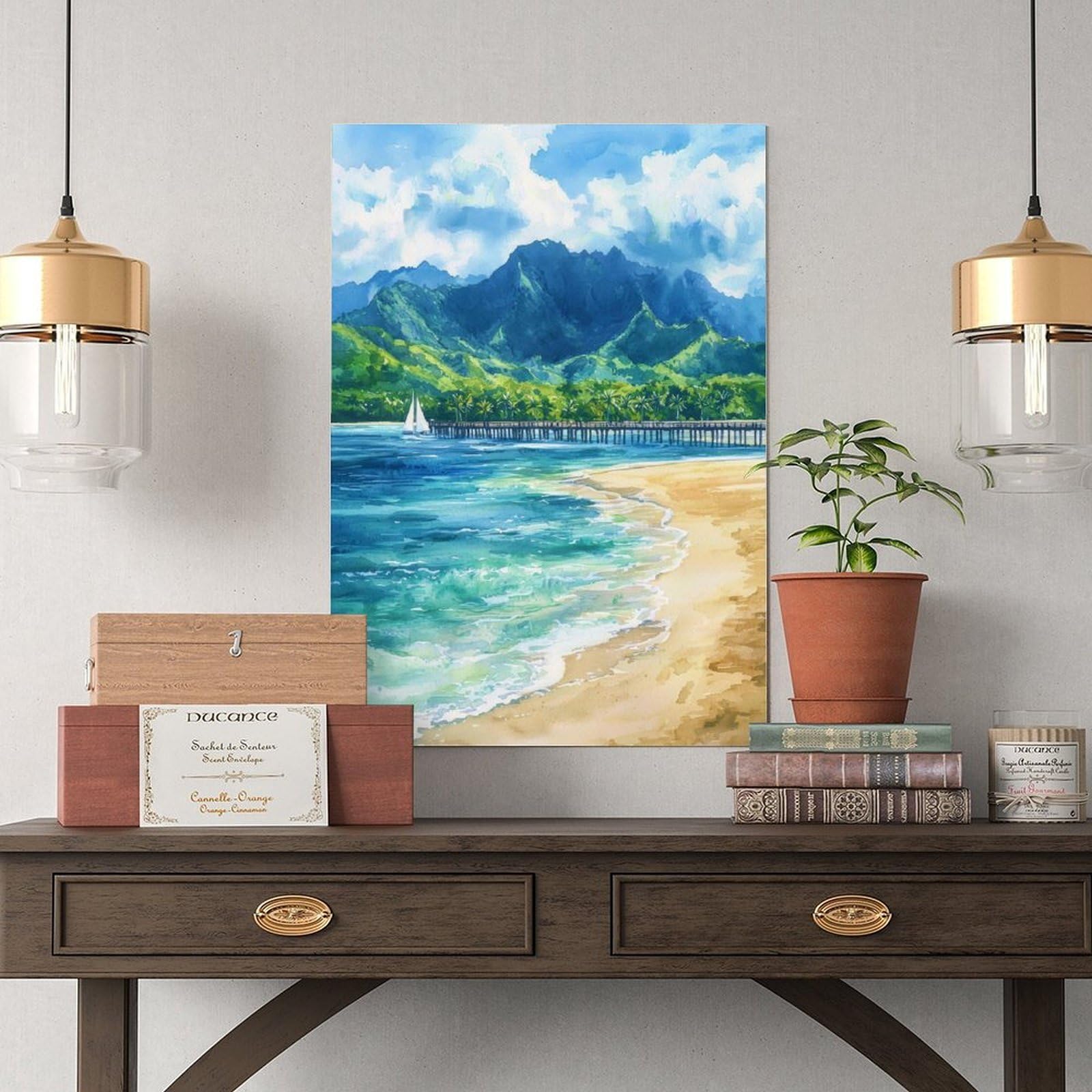 CFIOZYOS Hanalei Bay Watercolor Poster Wall Art Hanalei Bay Wall Hanging Home Décor Gift Art Lovers United States Living Room Office Bedroom Canvas Deco Frame 16x24inch