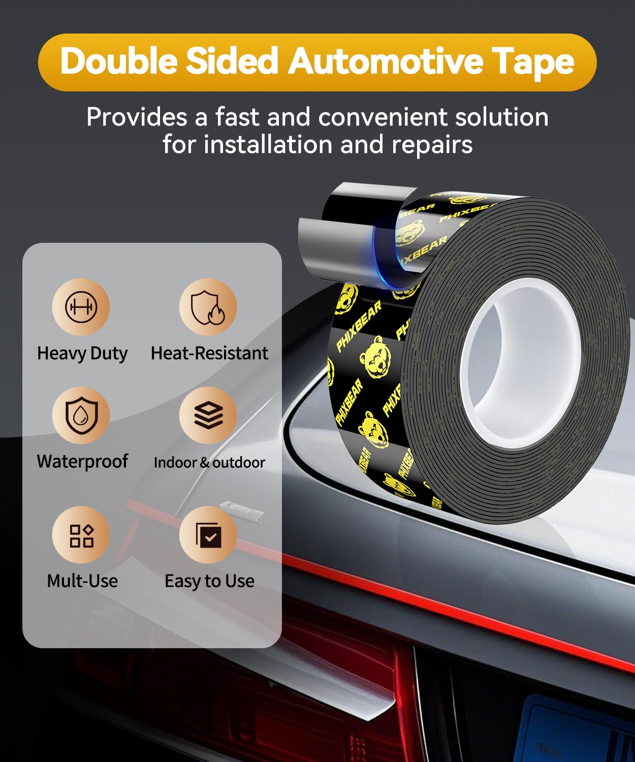 PHIXBEAR Double Sided Tape Heat Resistant Heavy Duty, Waterproof Outdoor Indoor Automotive Mounting Tape, Removable No Residue Super Strong Adhesion Foam Tape, 1" x 20FT