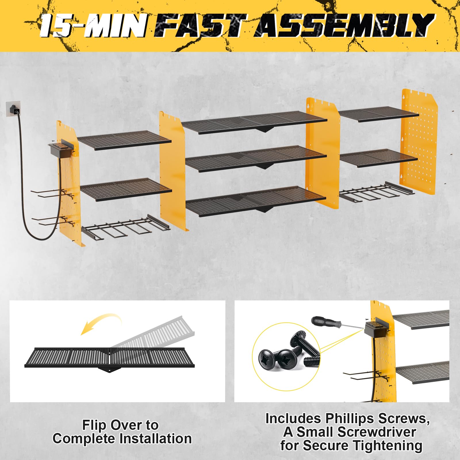 Xankzi Power Tool Organizer with Charging Station, 45.5" Garage Organization Wall Mounted, 3 Layers Electric Cordless Drill Holder with Outlet Power Strips, Garage Tool Storage for Impact Wrenches
