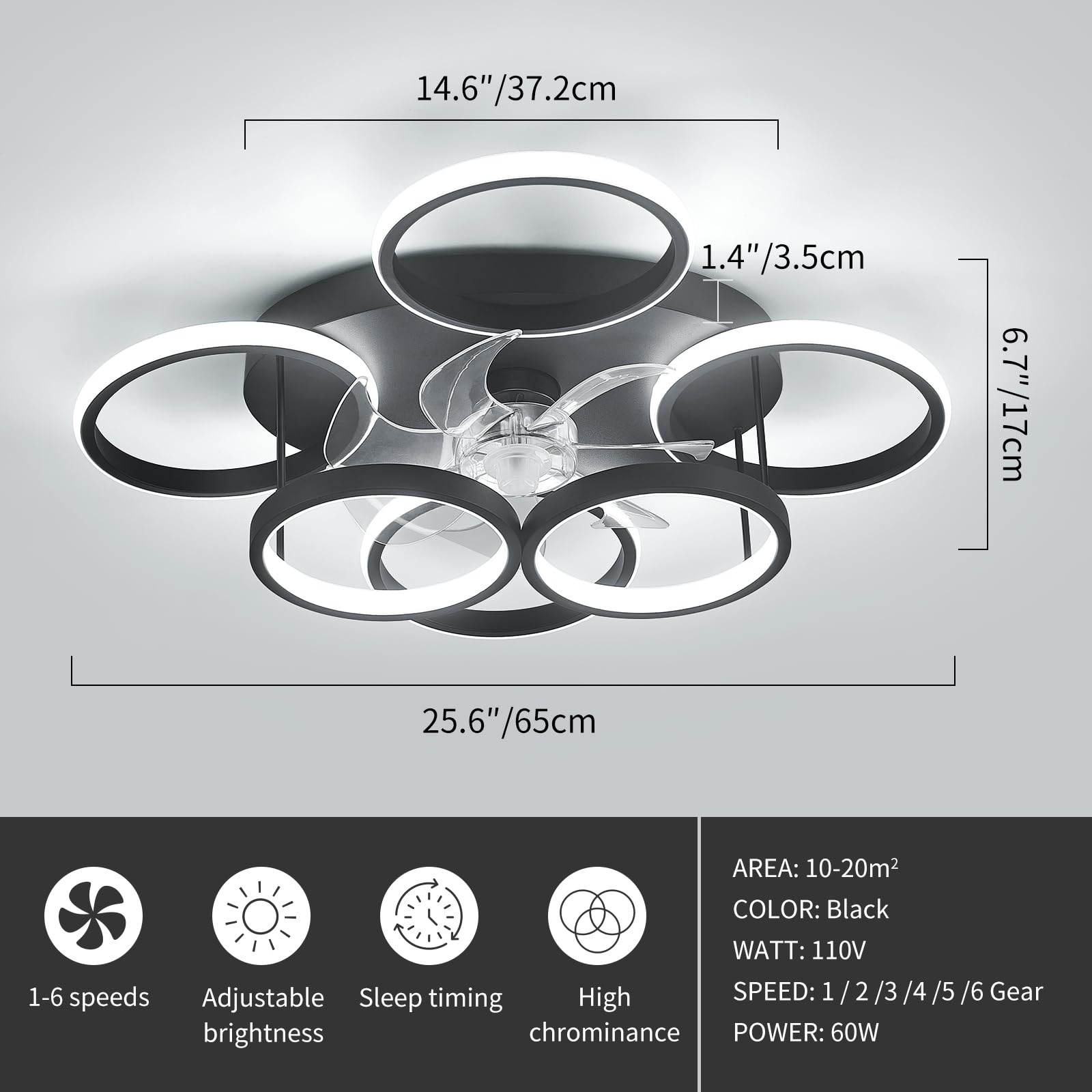 Anyeark Low Profile Ceiling Fan with Light Modern, Bedroom Ceiling Smart Fan with LED, Fandelier Ceiling Fan Flush Mount 25.6-inch, 3000K-6500K Stepless Color Change, Assembly Required (Black)