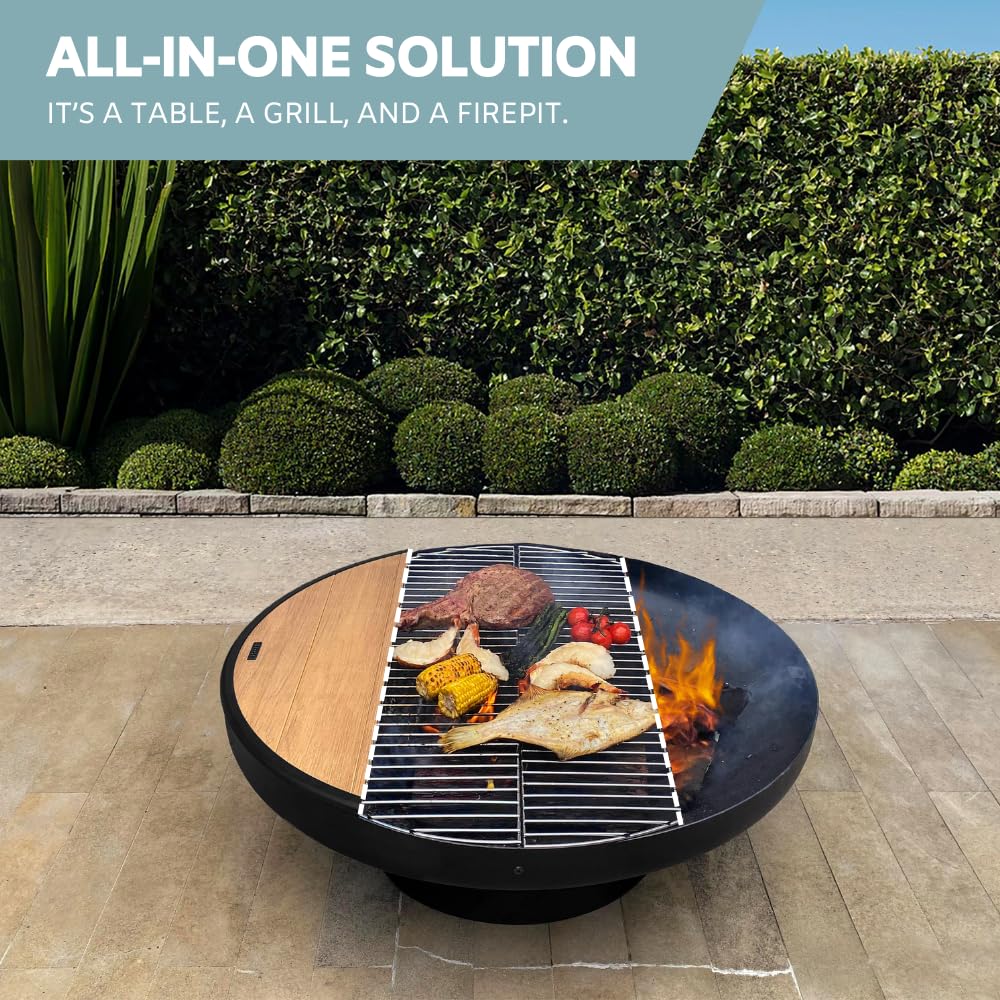 DENKOE 32 Inch Round Fire Pit Table with Fire Pit Grill, Extra Thick, Heavy Duty Fire Bowl, Deep Outdoor Firepit, Wood Burning Firepits for Outside Patio, Backyard Fire Pits, Large BBQ Pit