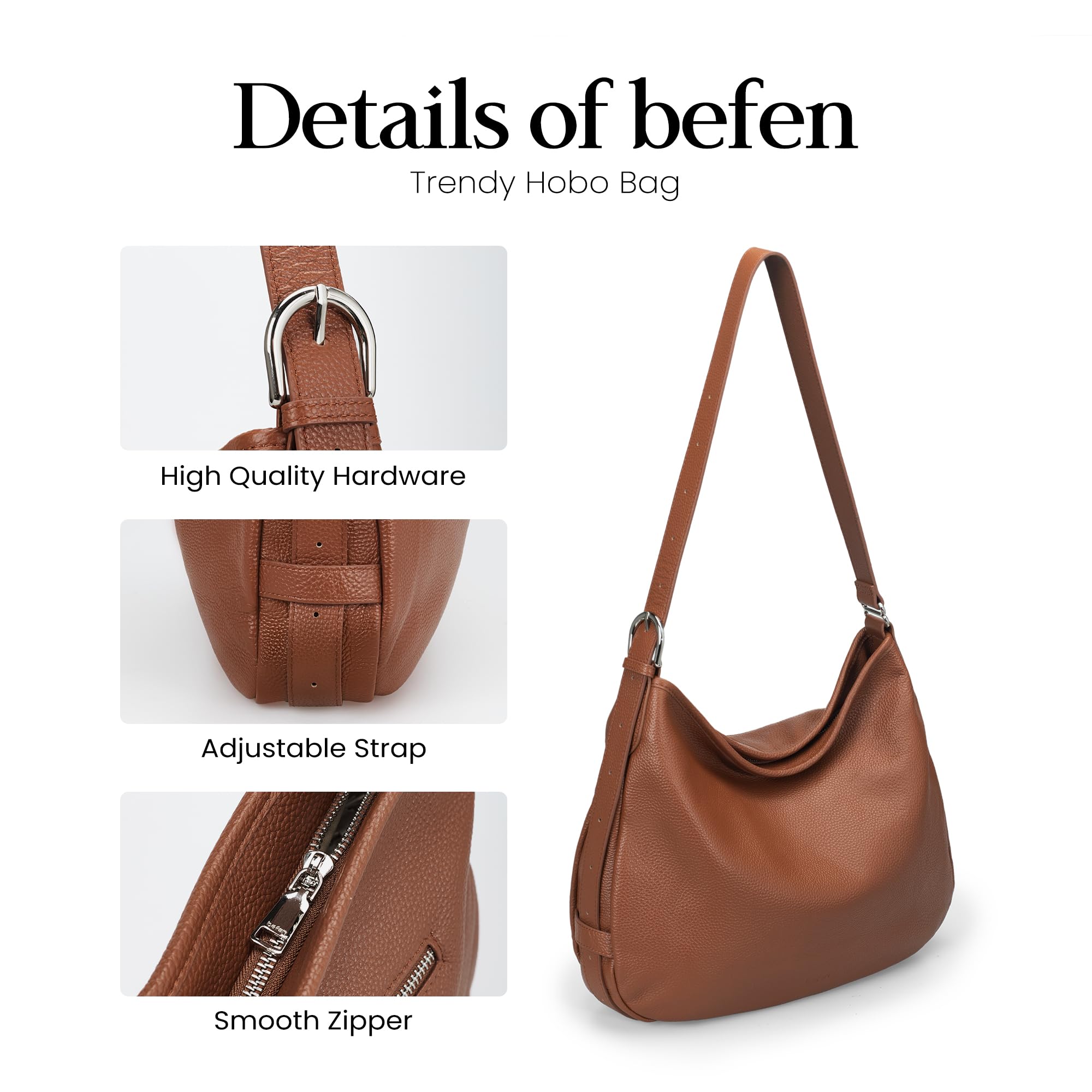 befen Genuine Leather Slouchy Hobo Bags for Women, Brown Leather Purse Top Grain Leather Crossbody Bag for Women Designer Soft Handbag Trendy Women's Shoulder Handbags with Adjustable Strap For Daily
