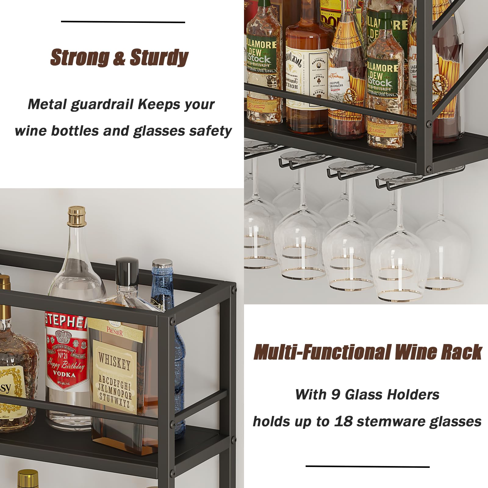 Woskar Wall Mounted Wine Rack 2 Tier, Metal Bar Liquor Shelves and Glass Holder,Wall Bar Shelf Wine Display Storage Holder for Home Bar, Dining Room, Kitchen(31.4×7.8×26in)