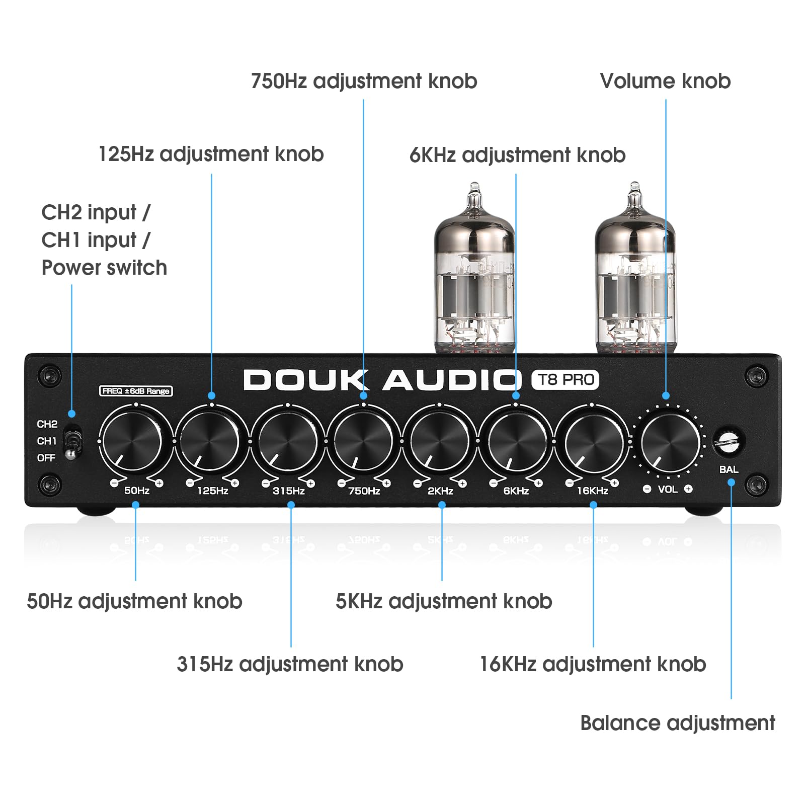 Douk Audio HiFi Vacuum Tube 7-Band EQ Preamp Equalizer XLR Pre-Amplifier Home (T8 PRO)