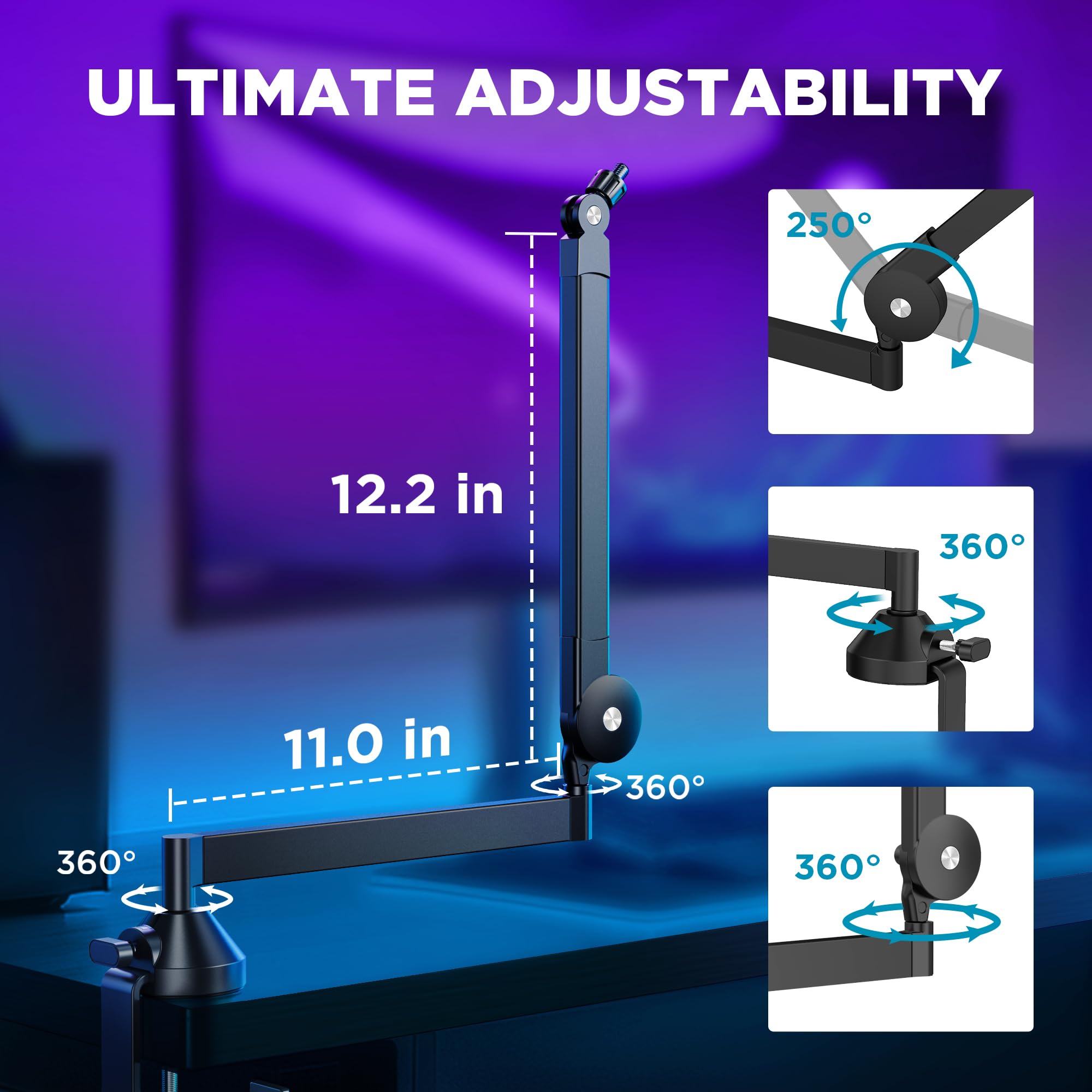 InnoGear Low Profile Mic Arm, 360° Rotatable Microphone Boom Arm Mic Stand for Fifine AM8 K669B Blue Yeti HyperX QuadCast SoloCast AT2020, Desk Mount with Mic Clip 3/8" to 5/8", 3/8" to 1/4" Adapter