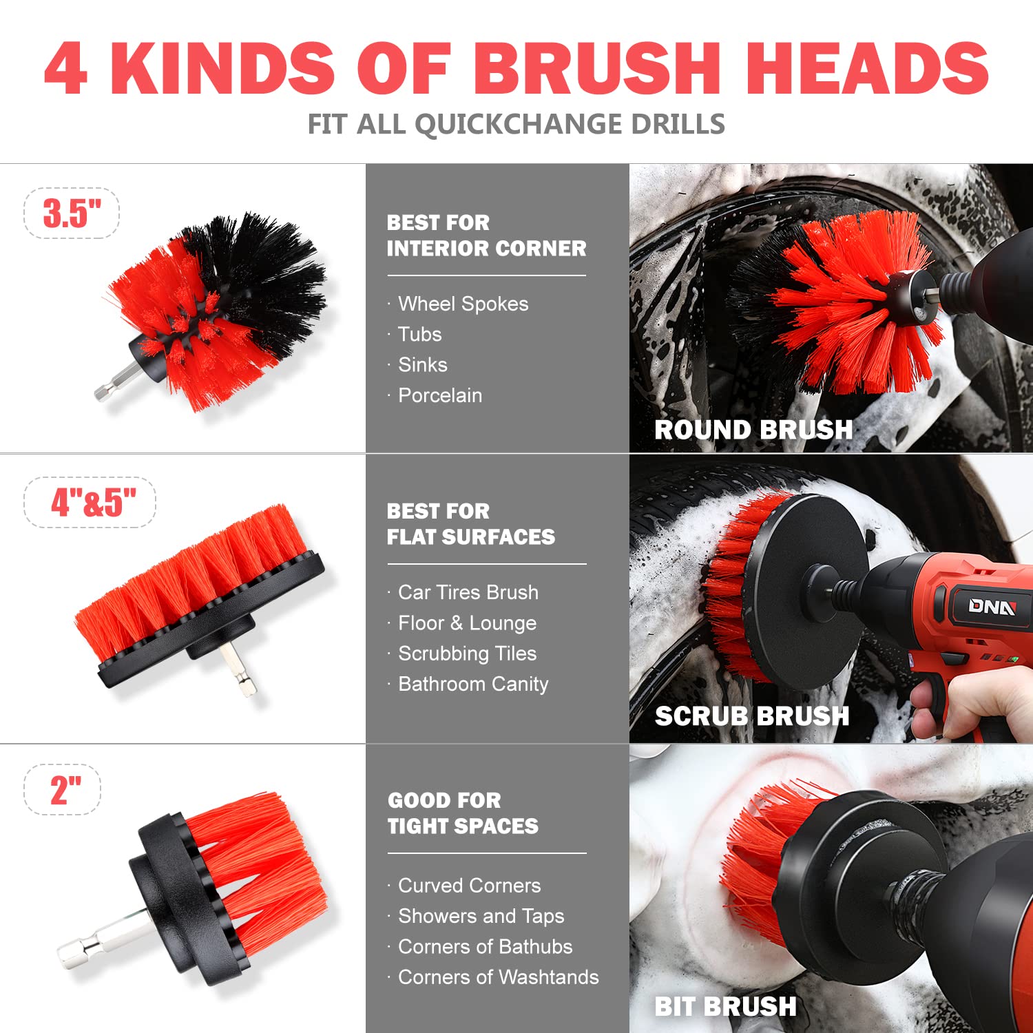 DNA MOTORING Car Detailing Brush Cleaning Tools Set with Carry Bag for Auto Interior & Exterior Wheel Dashboard Vent, Red,TOOLS-00278
