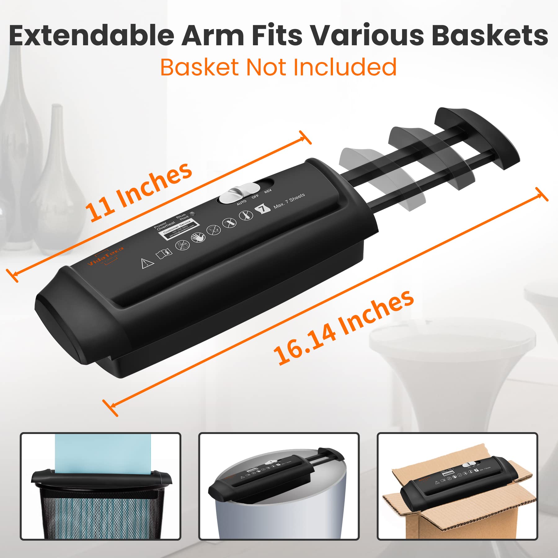 Mini Paper Shredder Without Basket,VidaTeco 7-Sheet Strip Cut Shredder for Home Use, Also Shreds Card/Staple,Small Portable with Extendable Arm,Durable&Fast with Jam Proof(ETL)