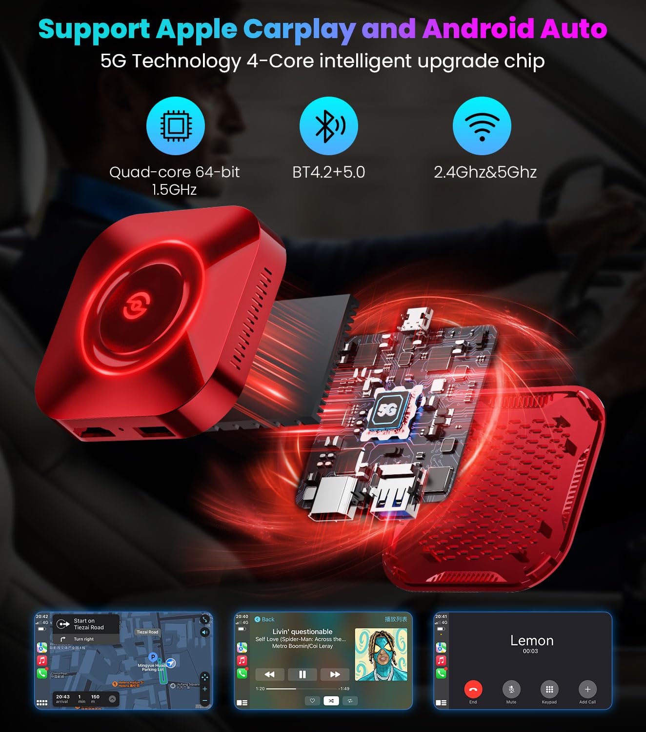CarPlay AI Box 2.0, Red CarPlay Box Streaming Supports NetfIix/YouTube/Tiktok, Apple CarPlay/Android Auto Wireless Adapter Newest, Wireless CarPlay Adapter for Factory Wired CarPlay Cars Gift
