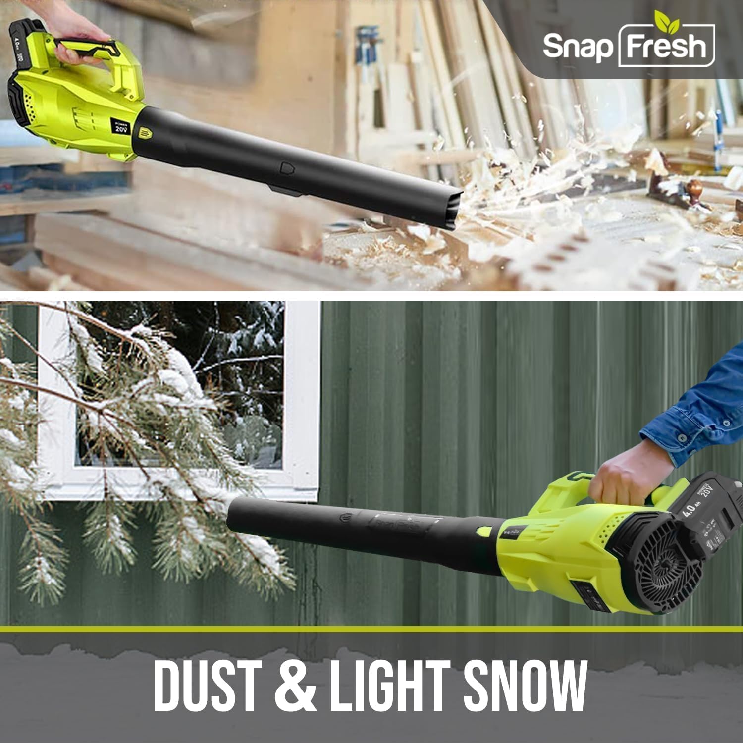 SnapFresh Leaf Blower Cordless - 350 CFM Cordless Leaf Blower with 4.0Ah Battery & Fast Charger, 20V Electric Battery Powered Leaf Blowers for Yard Porch Garden