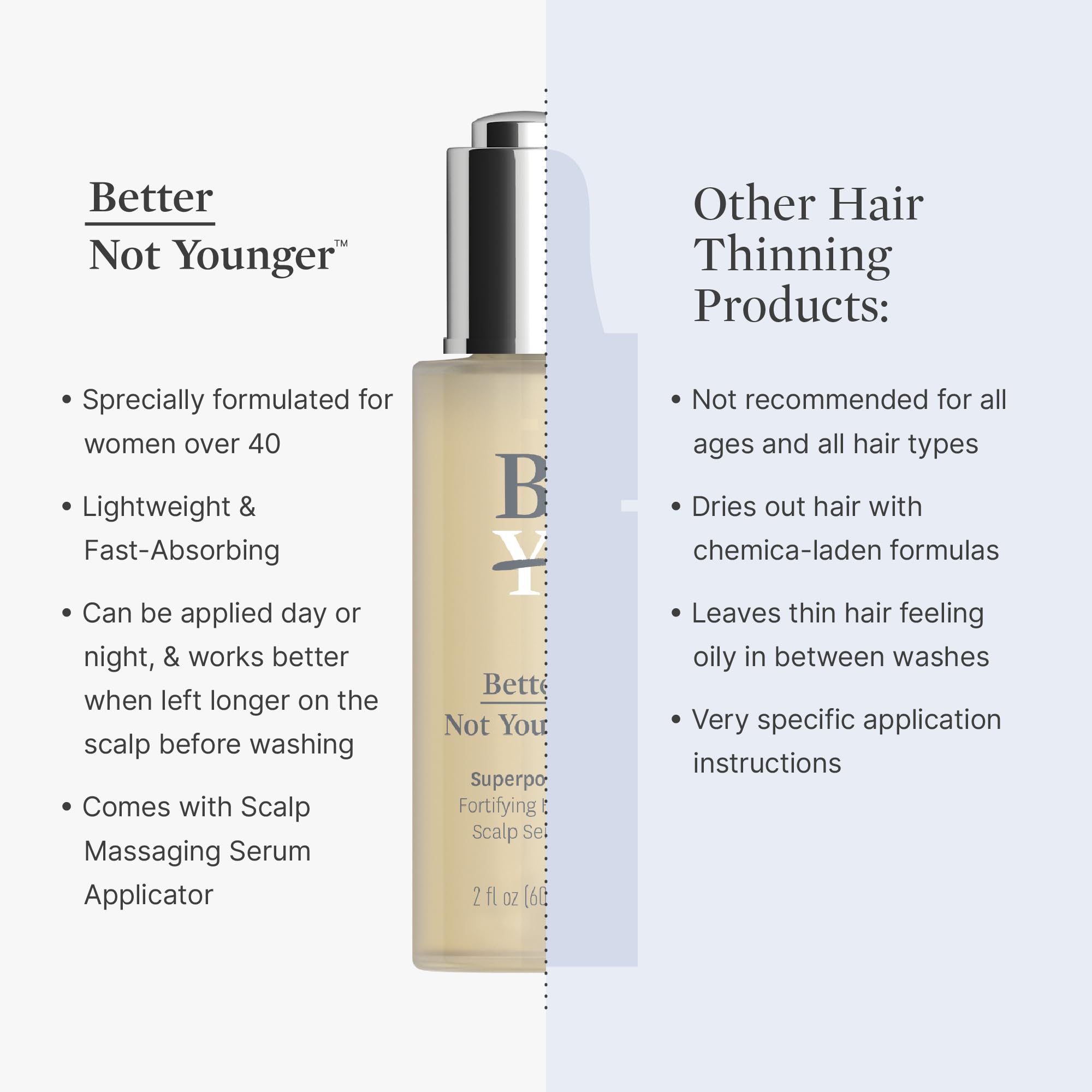 Better Not Younger Superpower Hair & Scalp Duo Set - Fortifying Hair & Scalp Serum 2fl.oz. plus Liquid Comb - Leave-in Hair Serum w/ Scalp Massaging Applicator for Stronger, Thicker, Fuller Hair