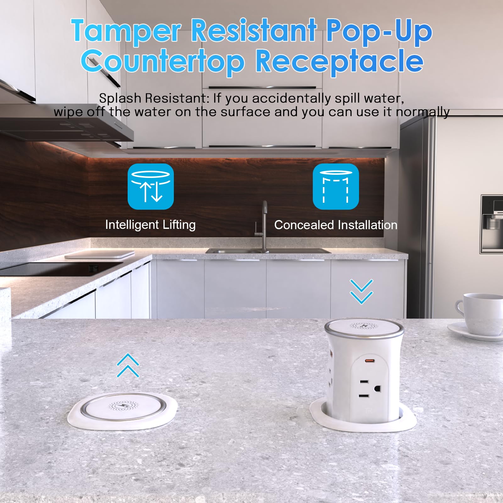 3.15in Pop Up Countertop Outlet with 15W Wireless Charger, Max 20W USB Power Delivery 15A Tamper Resistant, Desktop Mount Electrical Receptacle with 4 Outlets & 4 USB for Home Office