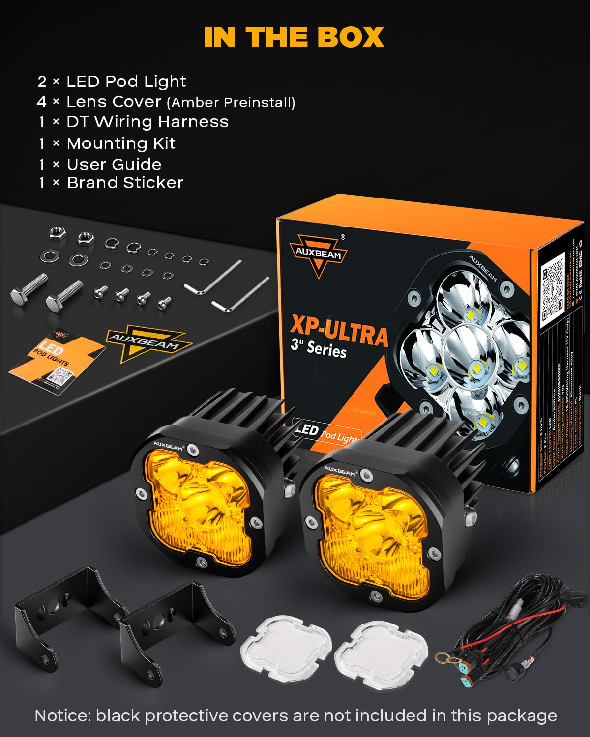 Auxbeam XP-Ultra Series 3" 80W Cube LED Pods White Spot Beam & Amber Combo Beam Replaceable Light Covers 9600LM Yellow Offroad Ditch Lights Driving Light Bar, Pair