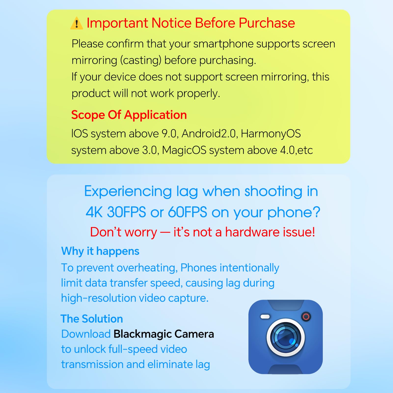 Vlog Selfie Monitor Screen iPhone, 4K 60fps Recording, Wireless Screen Mirroring with Remote Control, Magnetic Fixation, 180° Rotation, 3 Levels of Brightness, Compatible with iPhone & Android