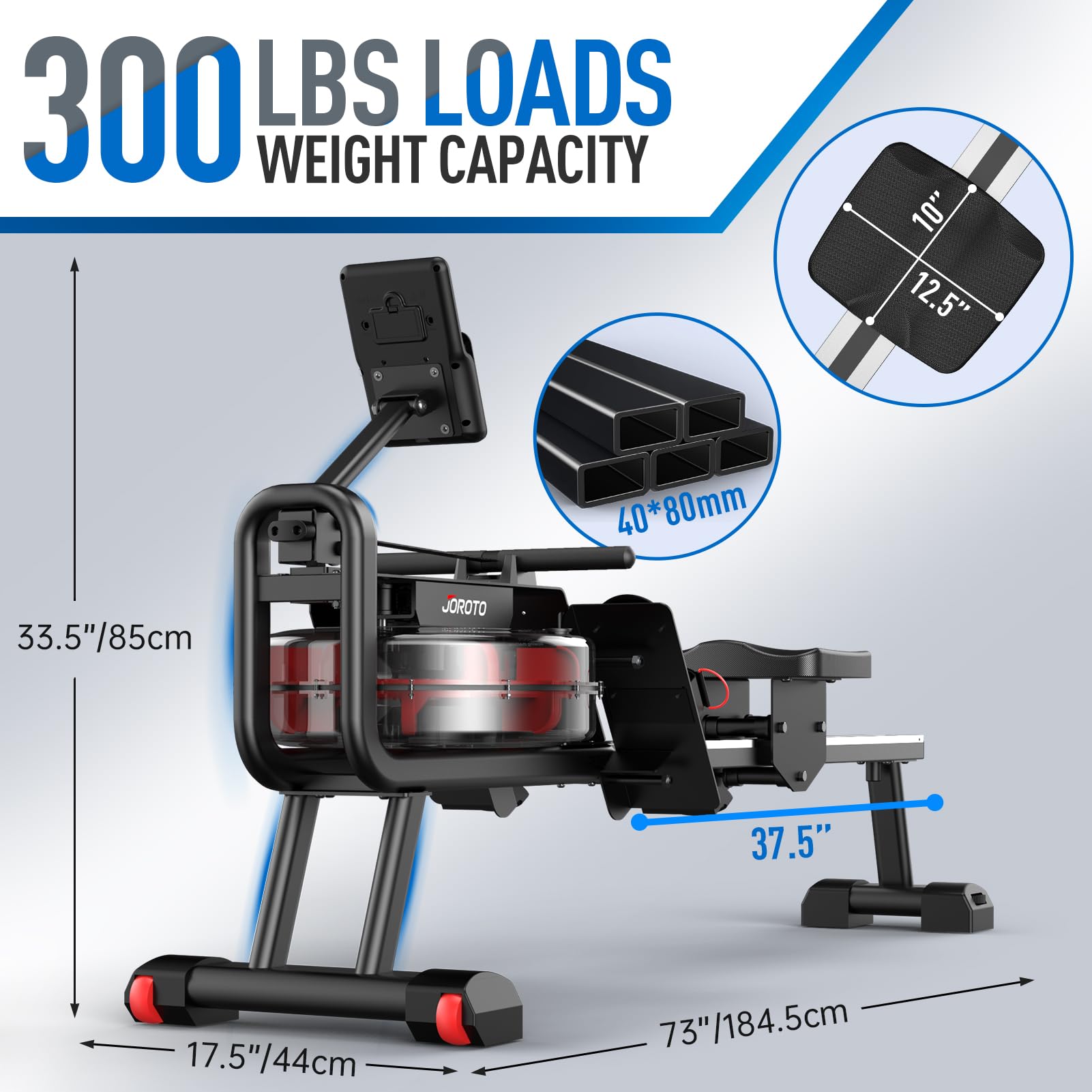 JOROTO MR23 Water Rowing Machine for Home Use, 300 Lbs MAX Weight Capacity Rower Machine with Bluetooth Function, Ipad Holder, 44 Days Kinomap Subscription