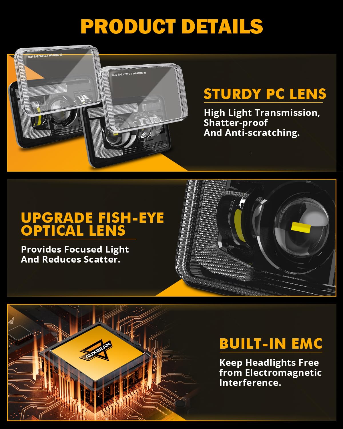 Auxbeam 4x6 LED Headlights with DRL Hi/Lo Beam Separately DOT Approved Rectangular Headlamps Replacement H4651 H4652 H4656 H4666 H6545 for Peterbil Kenworth Freightliner Ford Trucks, 4PCS Black