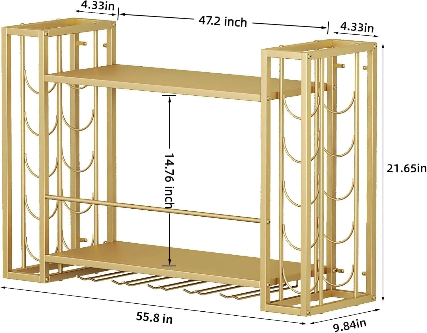 Woskar Wall Mount Wine Rack,Metal with Glass Holder, Space-Saving Liquor Display Storage for Home Bar, Kitchen, Sturdy & Stylish Design, Gold (55.8" W x 21.65" H x 9.84" D)
