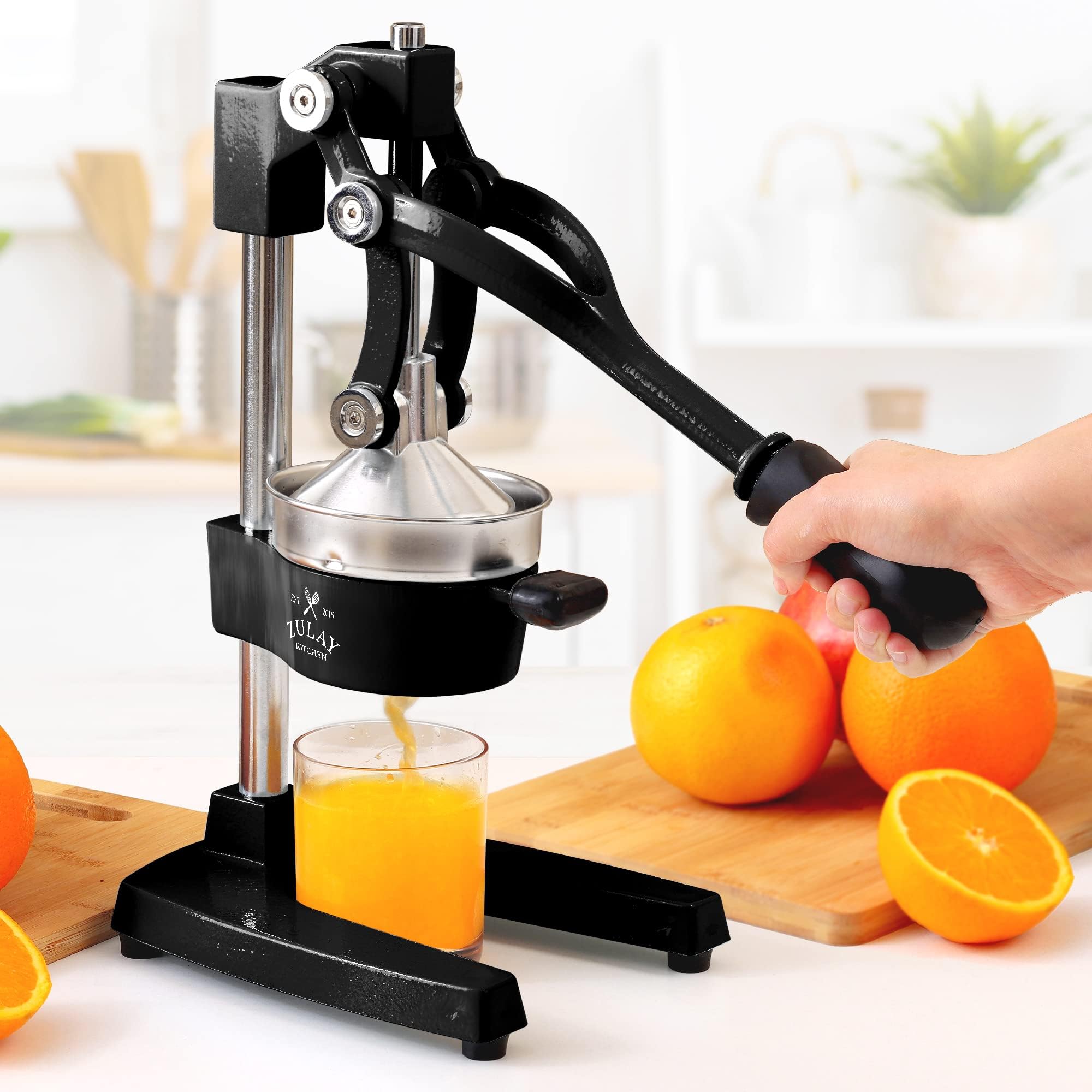 Zulay Kitchen Cast-Iron Orange Juice Squeezer - Easy-to-Clean, Heavy-Duty, Professional Citrus Juicer - Stainless Steel Lemon Squeezer - Manual Citrus Press & Orange Squeezer - Orange Juicer (Black)