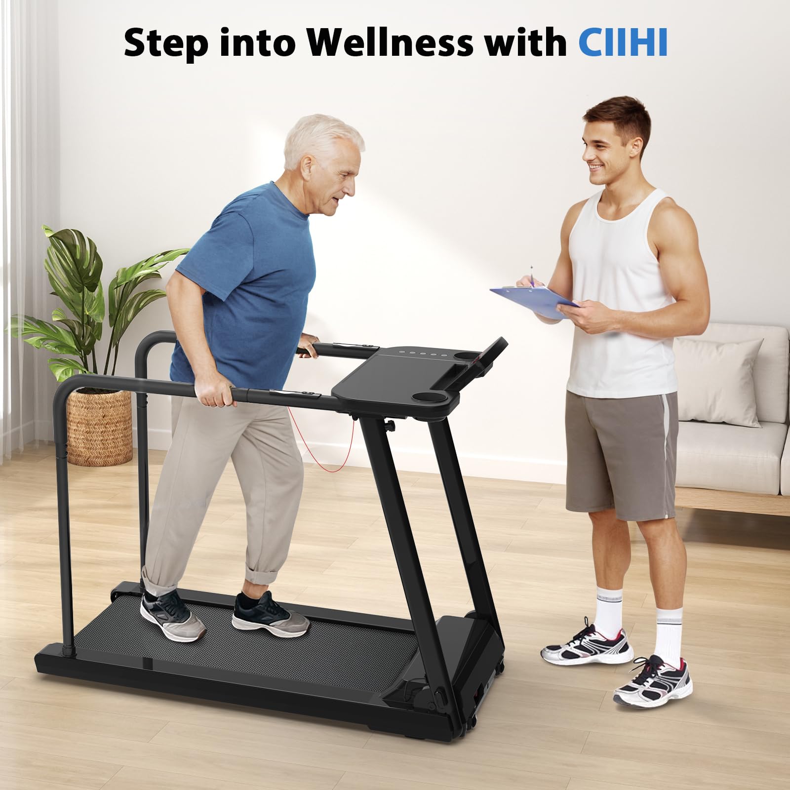 CIIHI Walking Treadmill for Senior - 350 lbs Senior Treadmill for Home with Long Handrails - Recovery Fitness Exercise Machine for Elder with Desk Workstation