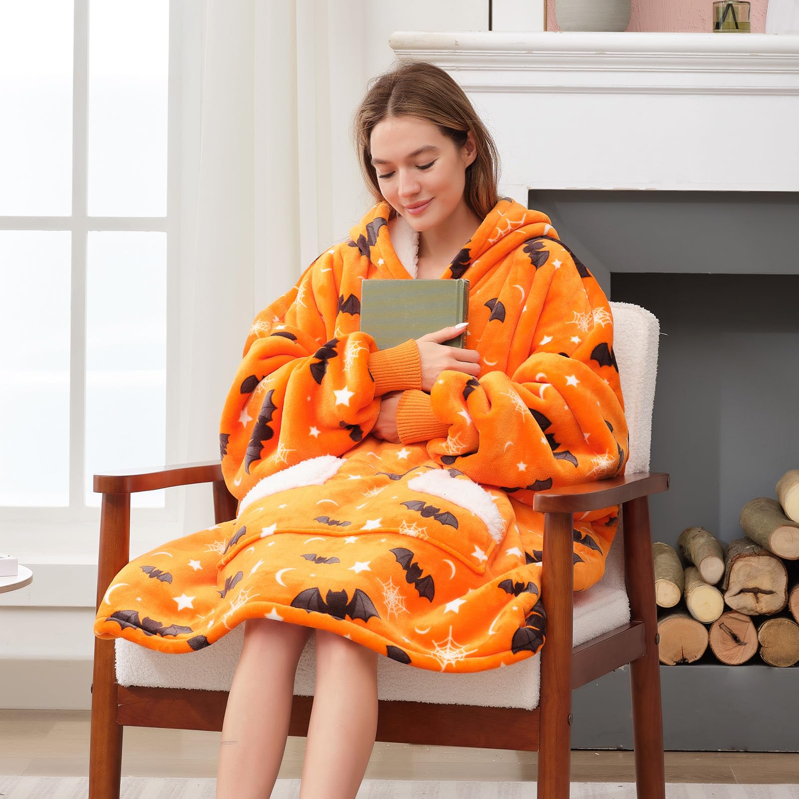 Touchat Halloween Wearable Blanket Hoodie, Orange Bat Costume Oversized Sherpa Fleece Sweatshirt Blanket with Giant Hood Pocket and Sleeves for Adult, Warm & Cozy Grey Blanket Gifts for Women