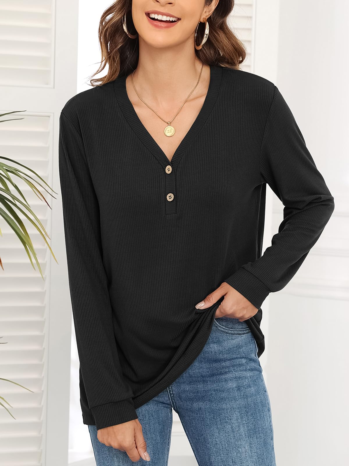 lionstill Womens Long Sleeve Tops V-neck Tunic Shirts for Women Casual Loose Shirt, Black 2XL