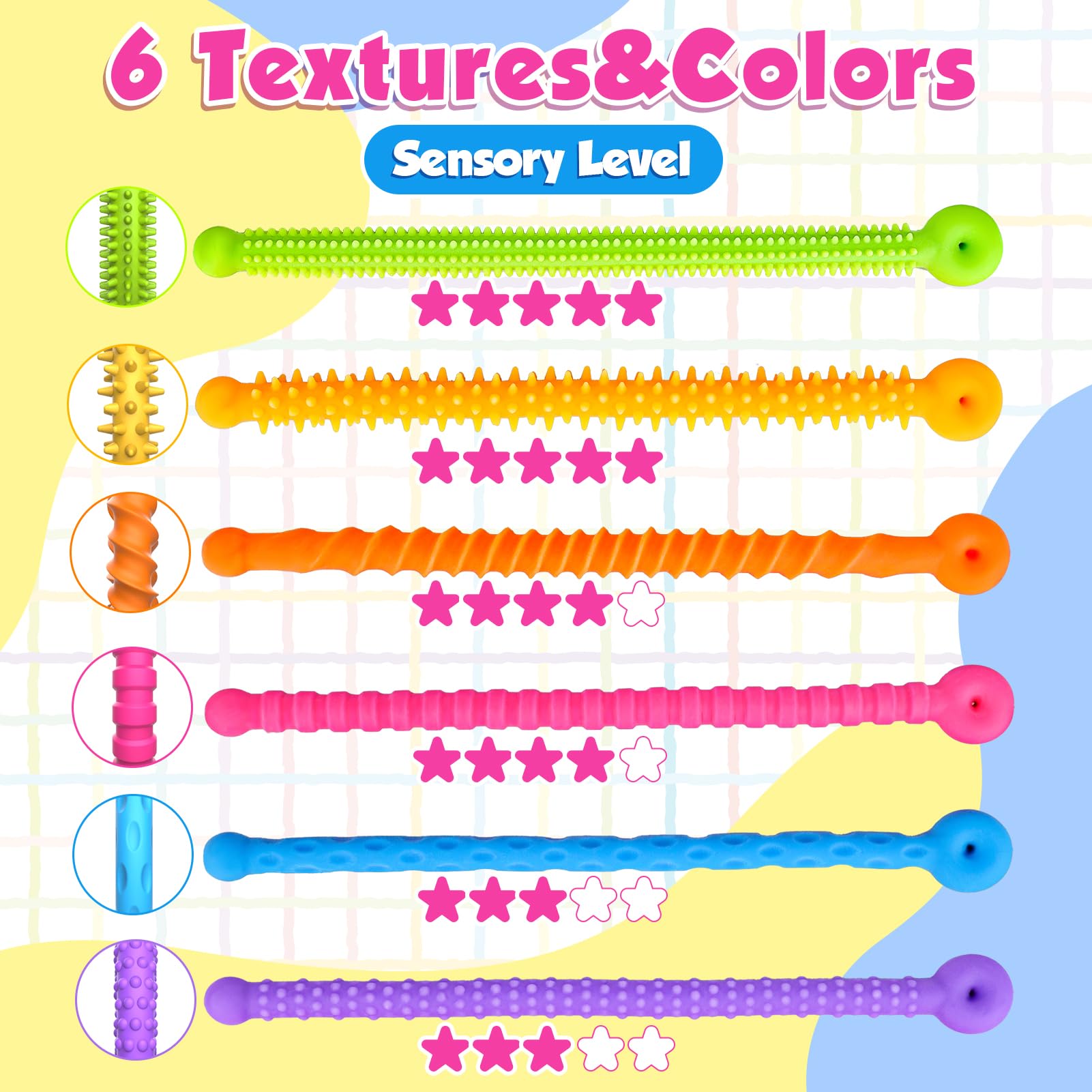 Sensory Toys Fidget Stretchy Strings: Fidget Toys Bracelet for Kids Calming - Adjustable Sensory Bracelet for Autism - Quiet Prizes Box Toys for Classroom 6 Pack
