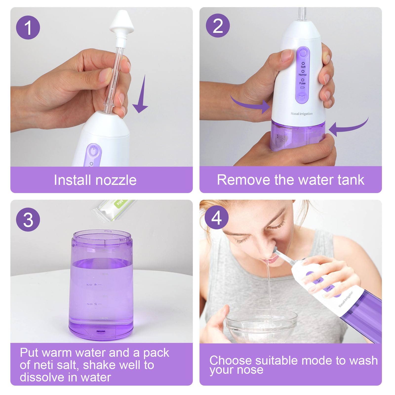Outstart Nasal Irrigation System - Sinus Rinse Kit Cordless Sinus Cleaner Machine, Electric Neti Pot with 9 Tips and 40 Salt Packs Nasal Rinse Machine 3 Cleaning Mode for Home Travel