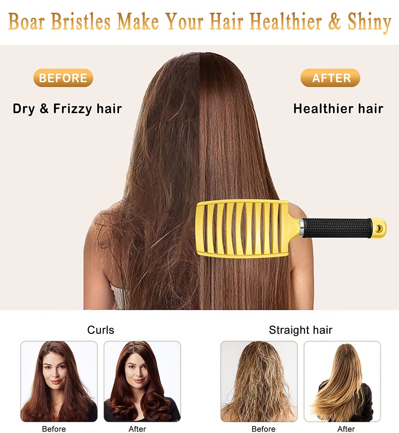 KTKUDY Detangling Brush Getting Knots Out without Pain - Boar Bristles Hair Brush Make Hair Shiny & Healthier Vented Detangler Brush for Women Men Kids Wet and Dry Hair (Yellow & Gold)