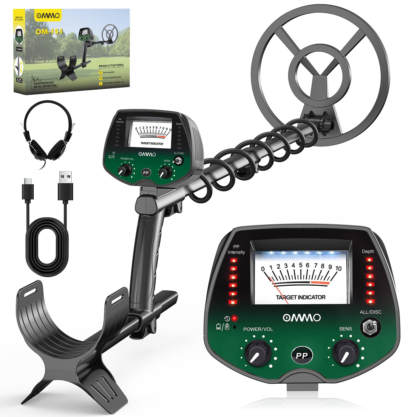 OMMO Metal Detector, High Accuracy Pointer Metal Detector for Adults with Backlight 10'' Waterproof Coil USB Cable, All&Disc&Pinpoint Mode, for Detecting Gold Coin Treasure Hunting
