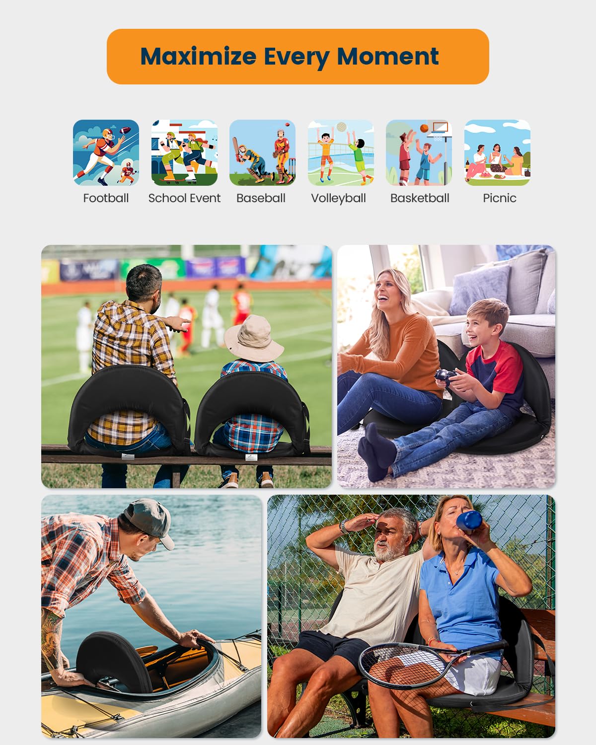 Sportneer Stadium Seats with Back Support: Extra Wide Stadium Seats for Bleachers with Shoulder Strap 2 Pack - Portable Round Bleacher Seats with 6 Reclining Positions for Camping, Sport, Event