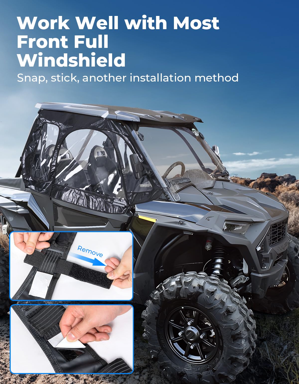 KEMIMOTO Soft Upper Doors Fit with Side Mirrors and Windshields, Compatible with Polaris RZR XP 1000 / XP Turbo 2014-2023 UTV Cab Enclosures Upgrade Zippers 3-Pane Window - 2 Seater