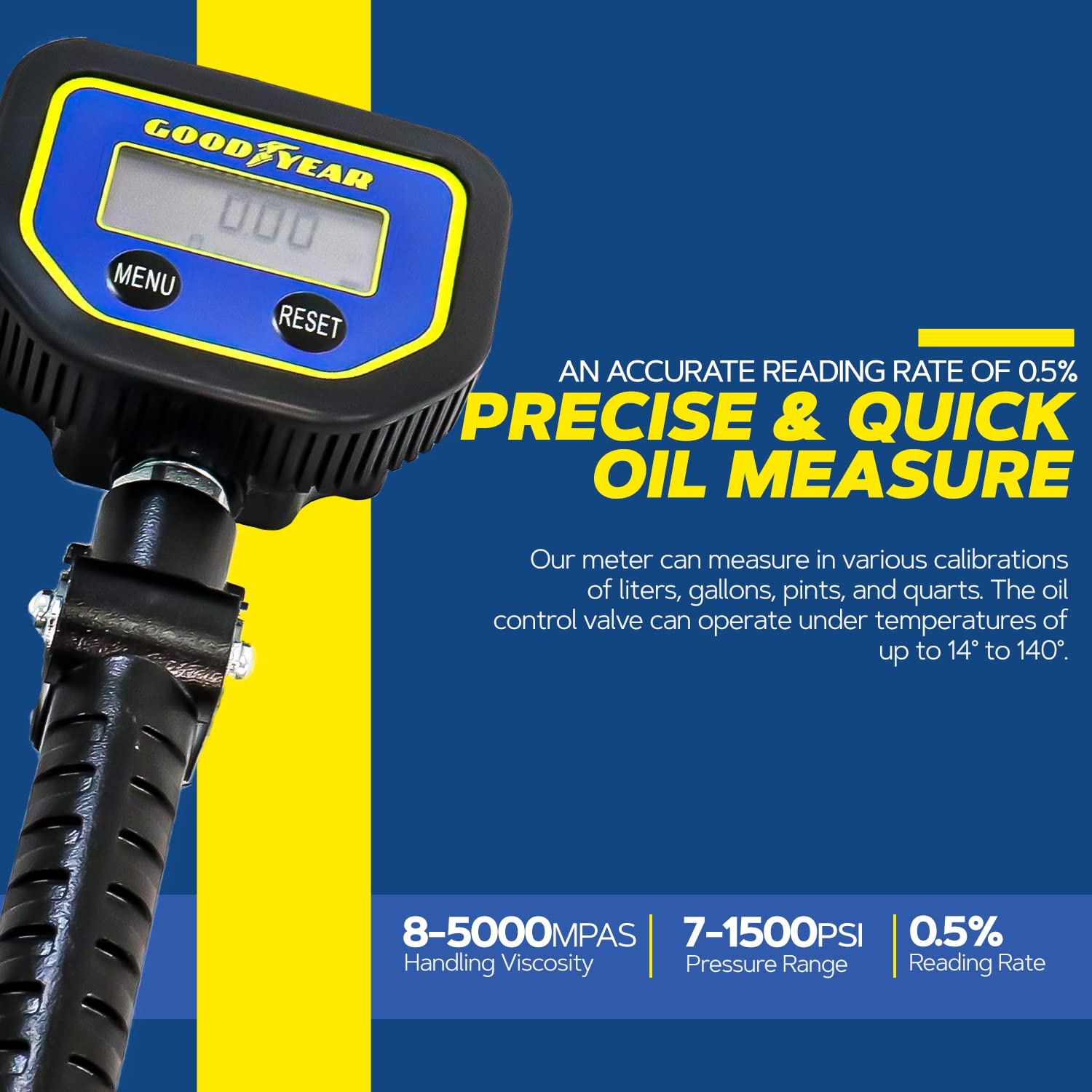 GOODYEAR Digital Oil Control Valve Meter Nozzle 10 GPM / 35 LPM Heavy Duty Air Operated Pneumatic 1/2" inch NPT Inlet Pressure Range 7-1500 Psi 5-100 Bar with Flexible Spout (Not for Gasoline)