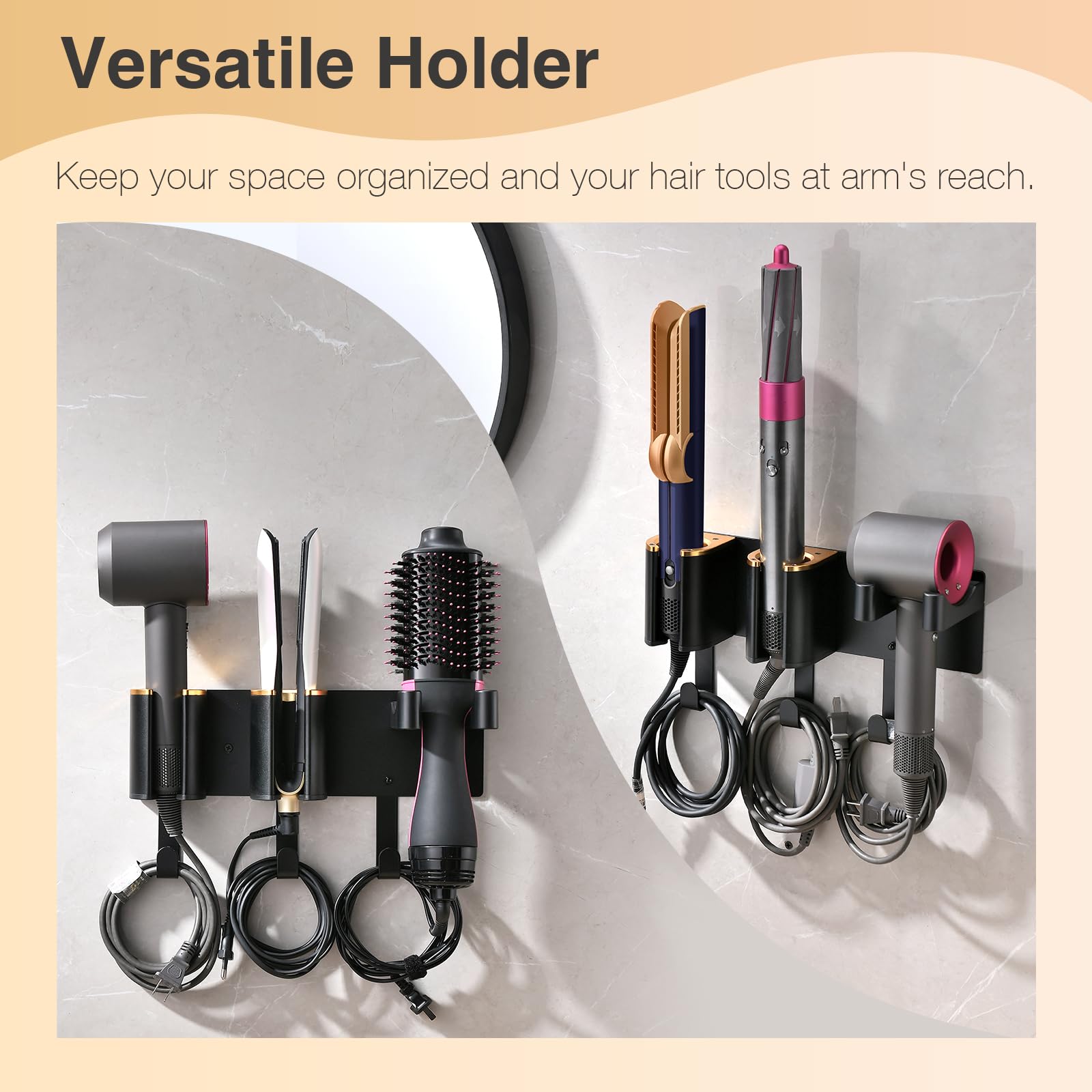 HAVICATO Hair Dryer Holder Wall Mount, Curling Iron Holder, 3 in 1 Hair Tool Organizer for Bathroom Vanity, Hair Straightener Holder, Aluminum Alloy Black