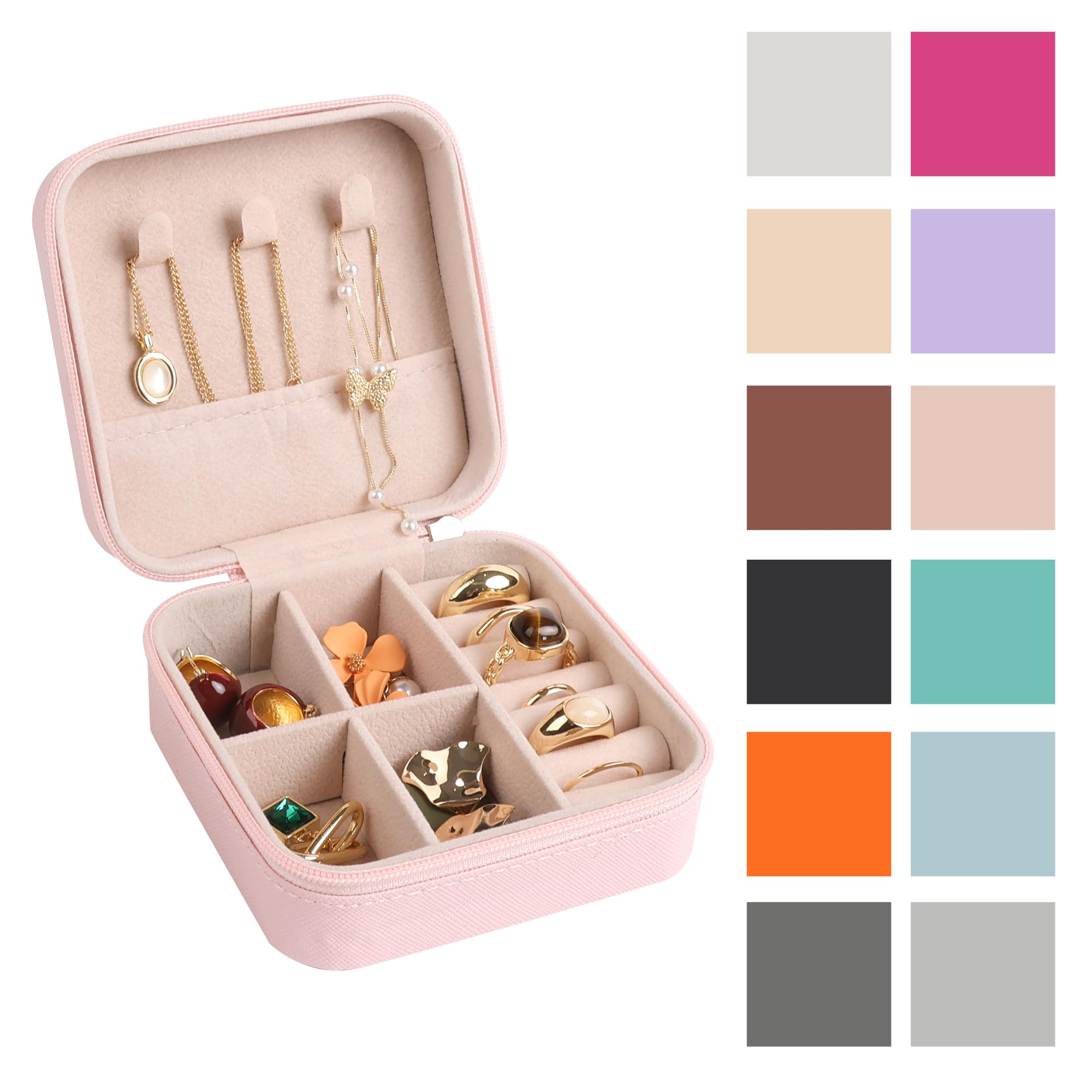OceeK Mini Jewelry Travel Case,Pink Travel Jewelry Case,Small Travel Jewelry Organizer, PU Leather Travel Jewelry Organizer Box Double Layer Travel Accessories,Pink,1 Pack