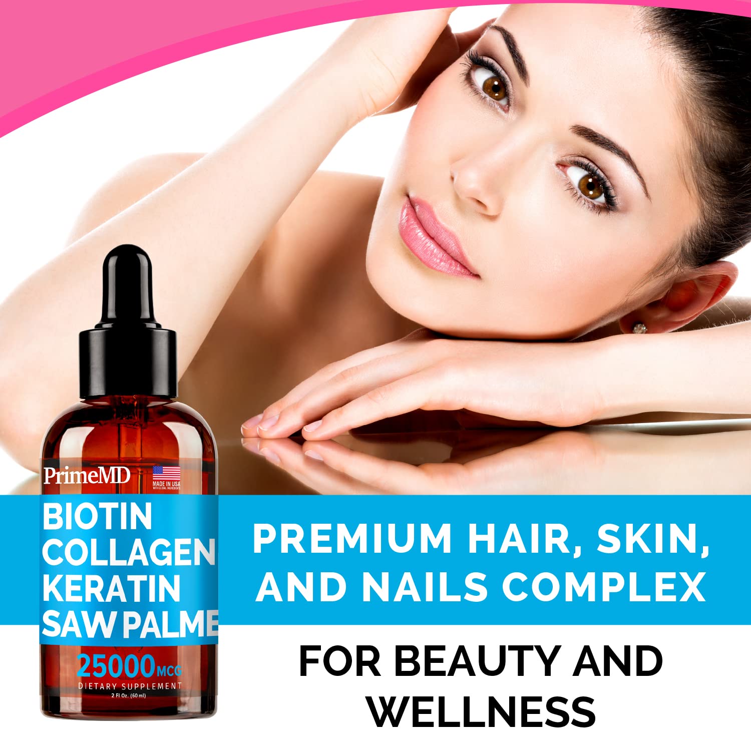 PrimeMD 4-in-1 Liquid Biotin Collagen Keratin Saw Palmetto Drops (3 Pack) Bundle - 25000mcg Hair Nails and Skin Vitamins for Women & Men - 2 Fl Oz Each, Watermelon Flavor, Gluten-Free, Non-GMO