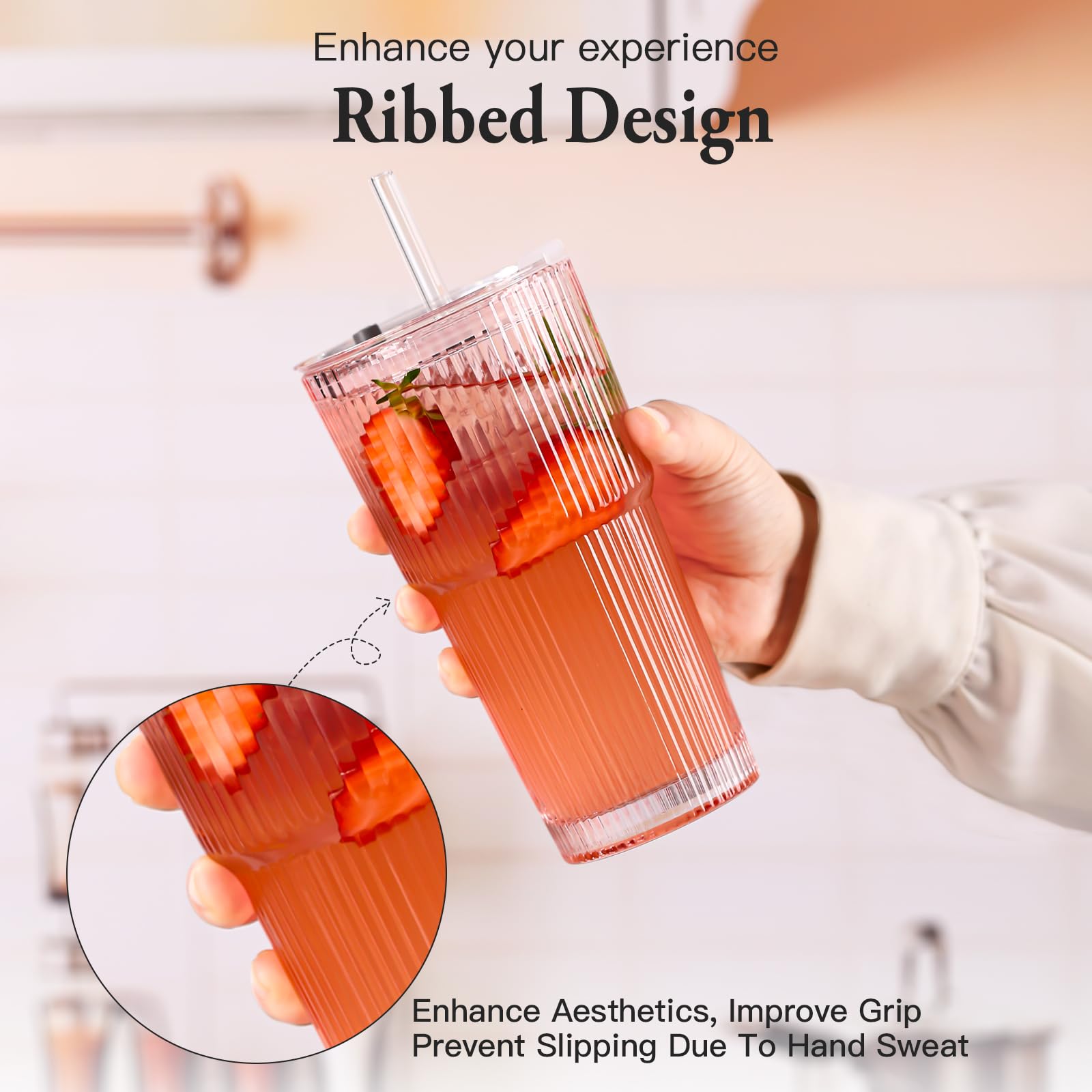 SIPBYSOP 4PCS Ribbed Glass Cups with Lids and Straws, 20oz Vintage Drinking Glasses, Aesthetic Iced Coffee Cups, Glass Tumbler for Boba, Beer, Tea, Cocktails, Ribbed Glassware Set,Pink
