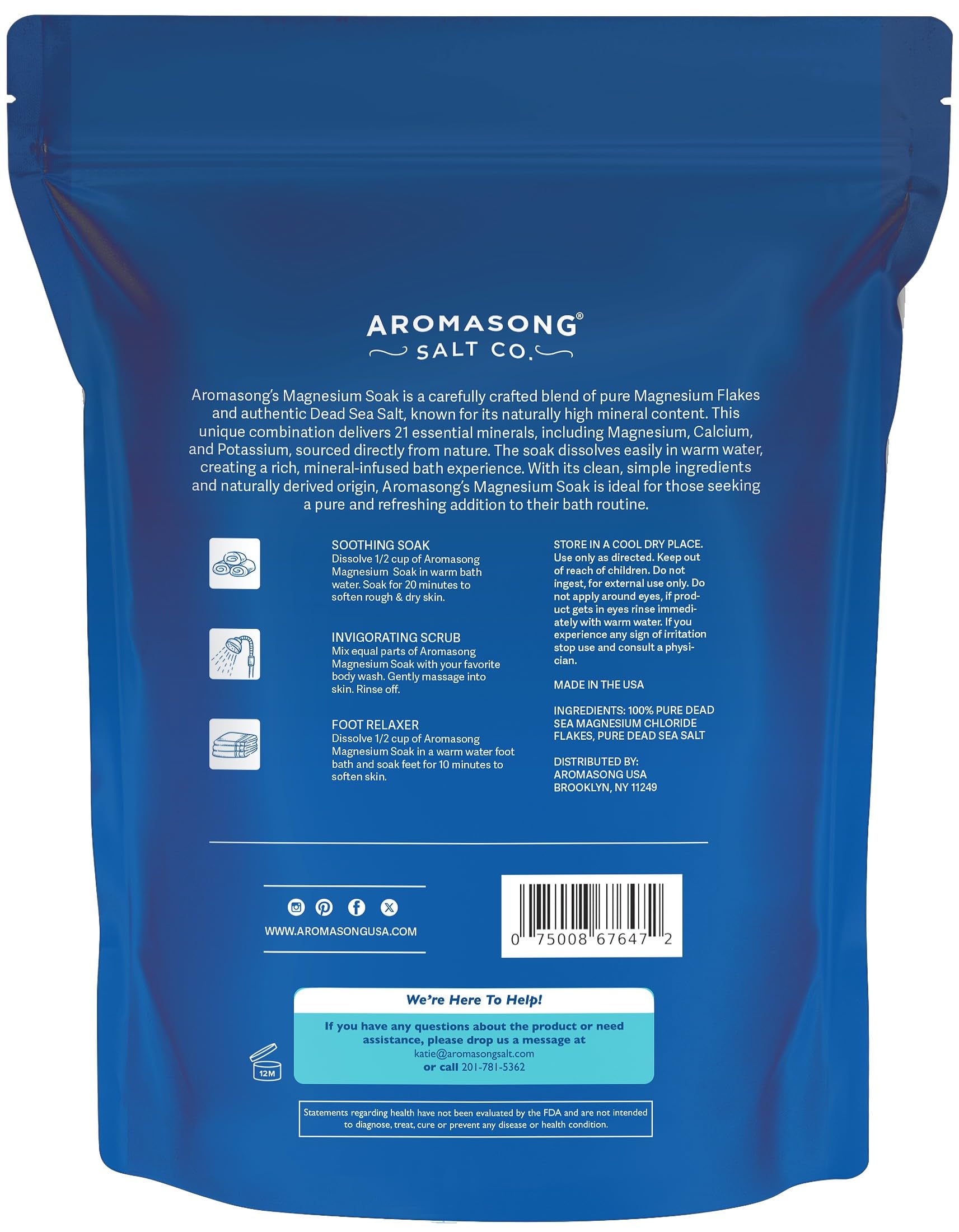 Aromasong Magnesium Flakes, 15lb – Dead Sea Bath & Foot Soak – Superior Alternative to Epsom Salt with 27,360 Mg of Magnesium Per Bath, Bulk Pack