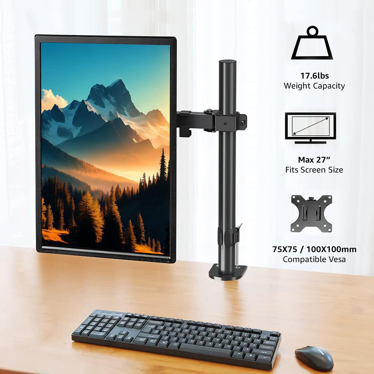 Amazon Basics Single Computer Monitor Stand with Tilt and Rotation, Height Adjustable VESA Desk Arm Mount, Steel, 30 inches, Black
