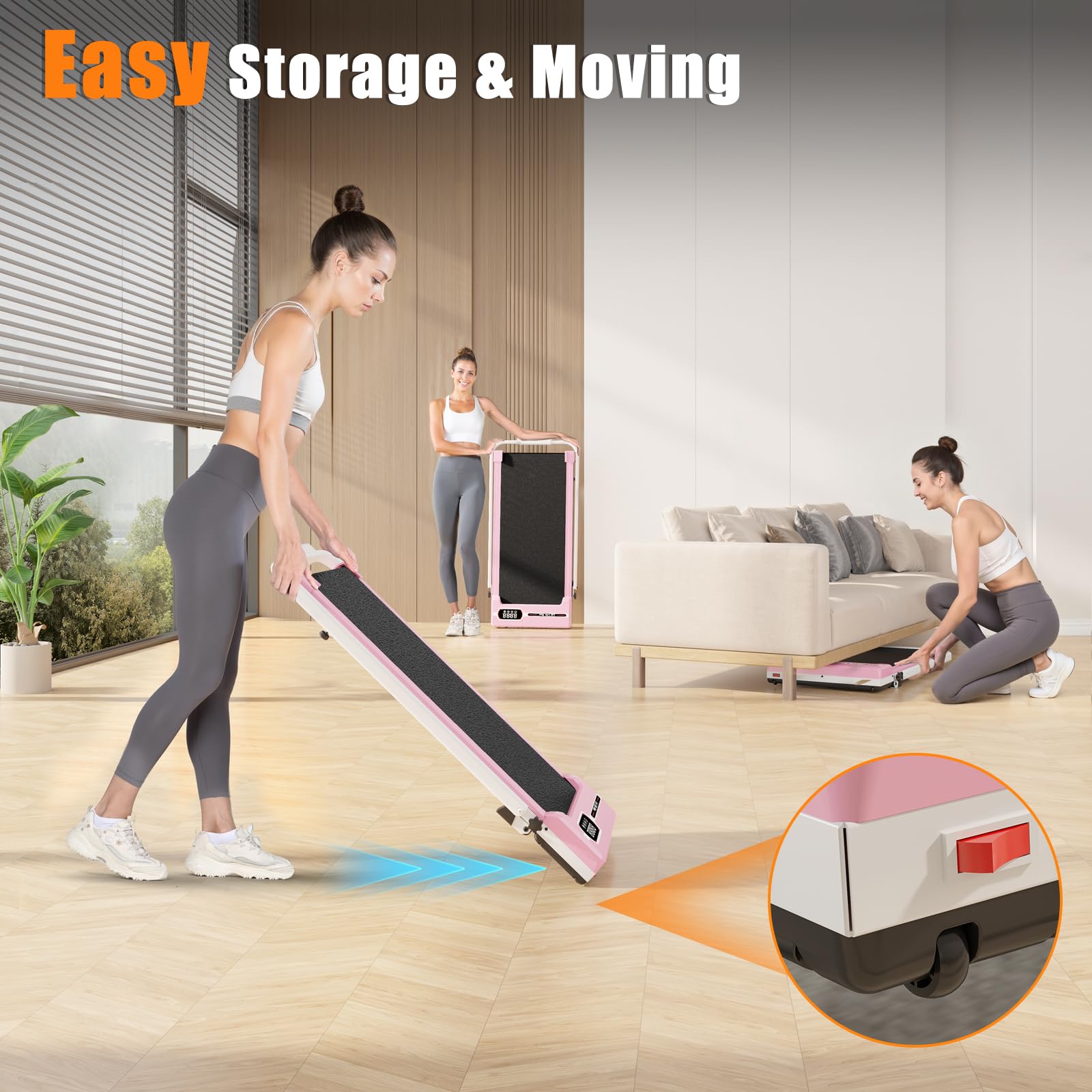 Incline Walking Pad with Handle Bar, Foldable Portable Under Desk Treadmill for Home Office, Ultra Quiet <45dB, Safety Lock, 300+ LB Capacity, Pink