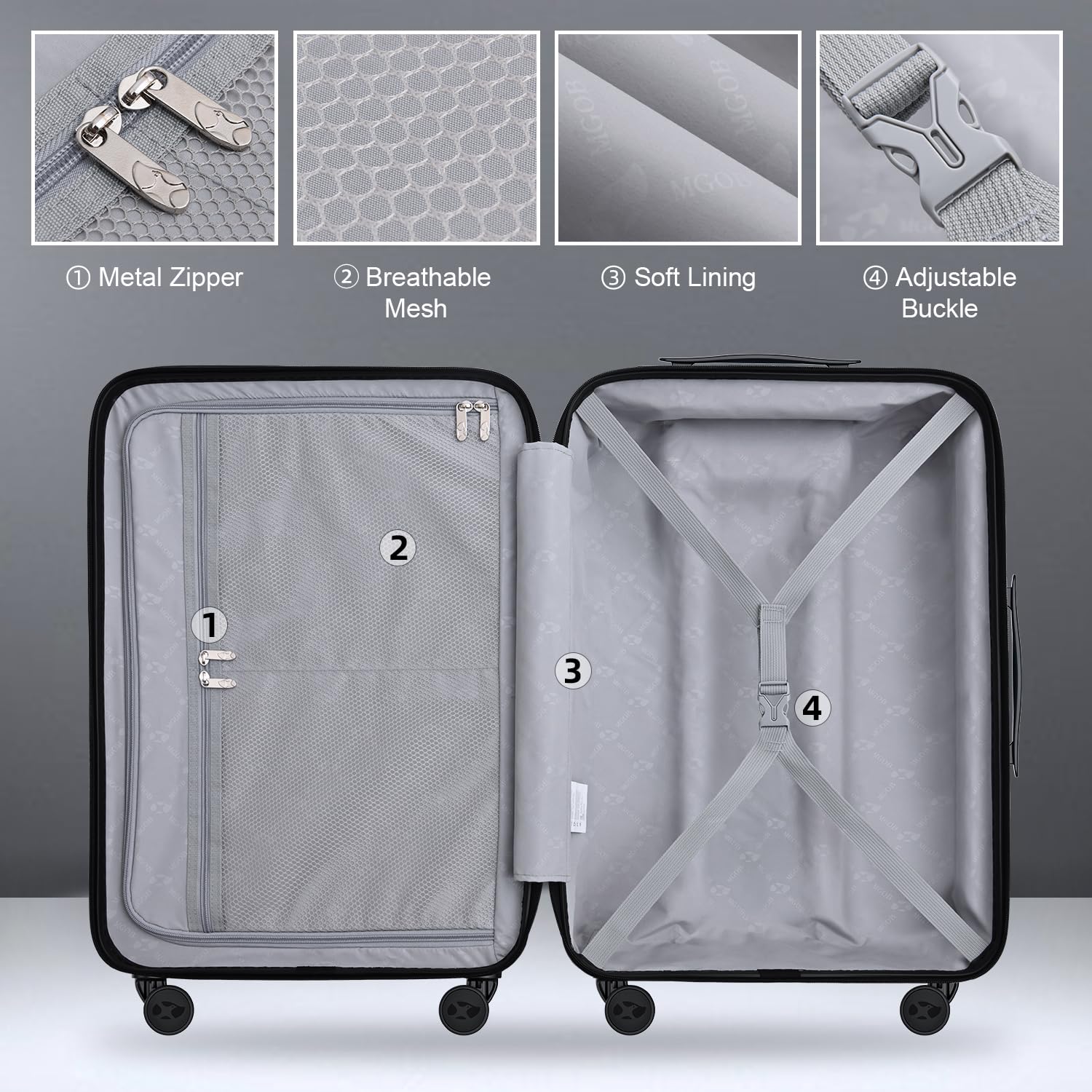 MGOB Carry On Luggage 22x14x9 Airline Approved, PC Hard Suitcases with Spinner Wheels, Lightweight Luggage, TSA Approved, 20 Inch Carry-On, Black