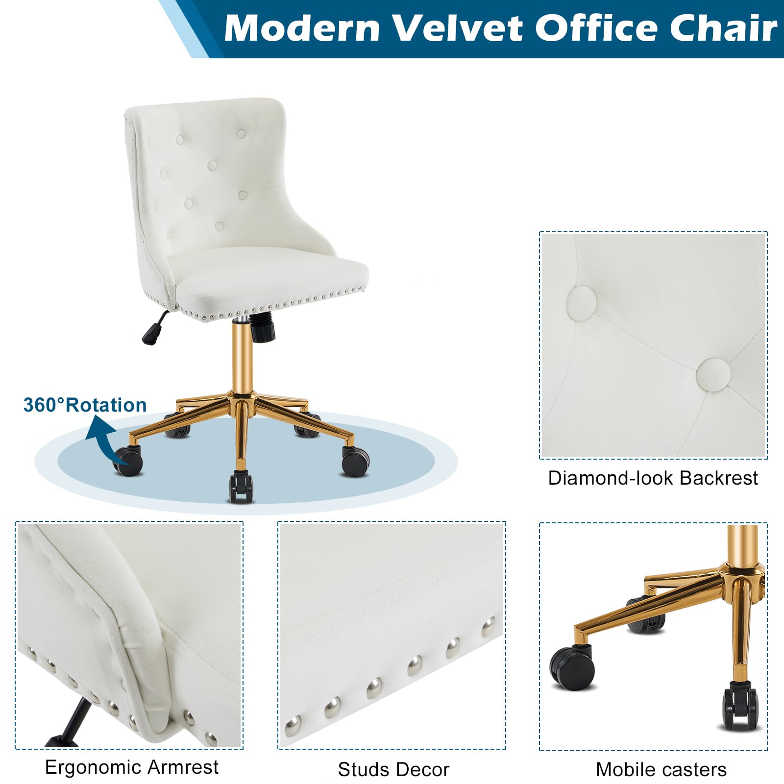 VINGLI White Velvet Armless Home Office Desk Chair with Gold Base/Wheels, Small Cute Vanity/Makeup Chair with Back for Bedroom, Upholstered Adjustable Rolling Swivel Nail Chair for Women/Girls