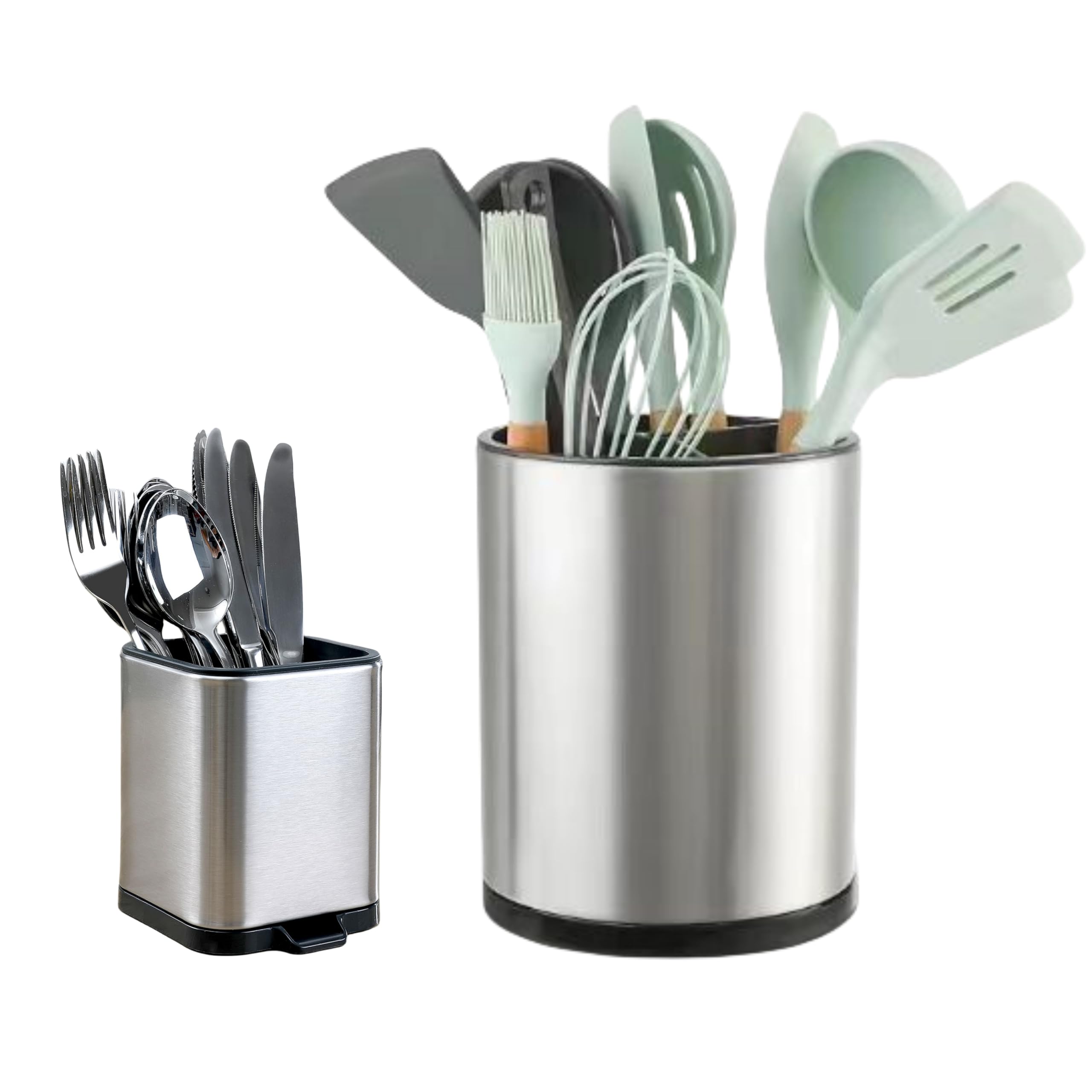 LIBODOUR Kitchen Utensil Holder Set of 2 Extra Large Rotating For Counter Organizer Stainless Steel Storage Cooking Silverware Caddy Flatware Spoon Spatula Lazy Susan (Mother And Child)
