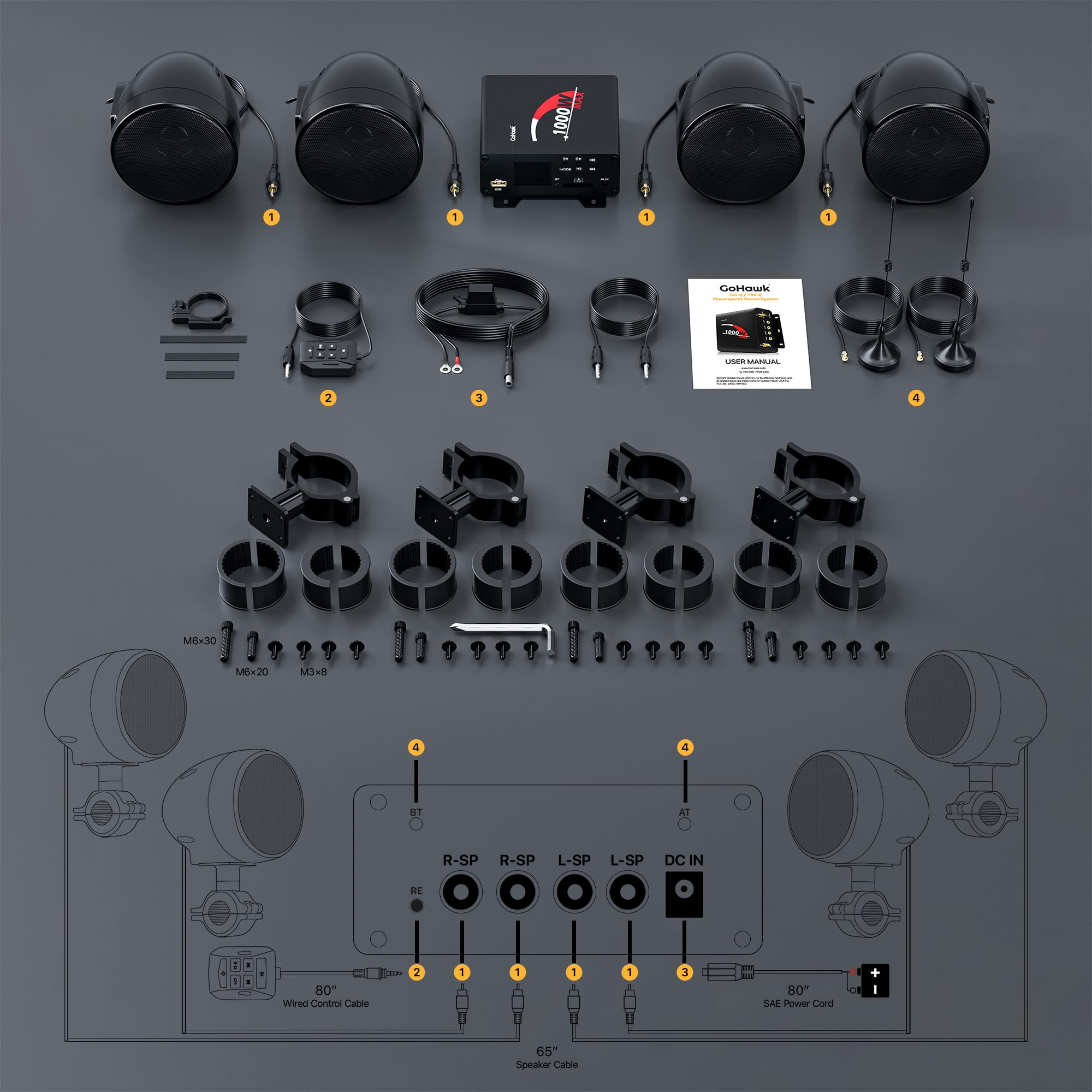 GoHawk TN4-Q 1000W 4 Channel Amplifier 4" Full-Range Waterproof Bluetooth Motorcycle Stereo Speakers Audio System AUX USB SD Radio for 1-1.5" Handlebar Harley Touring Cruiser ATV