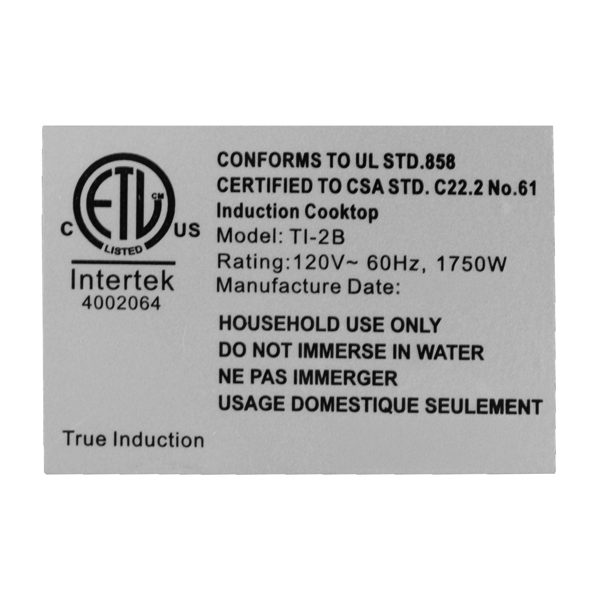 True Induction TI-2B 23 in. Dual Element Black Induction Glass-Ceramic Cooktop 1750W 858UL Cert.